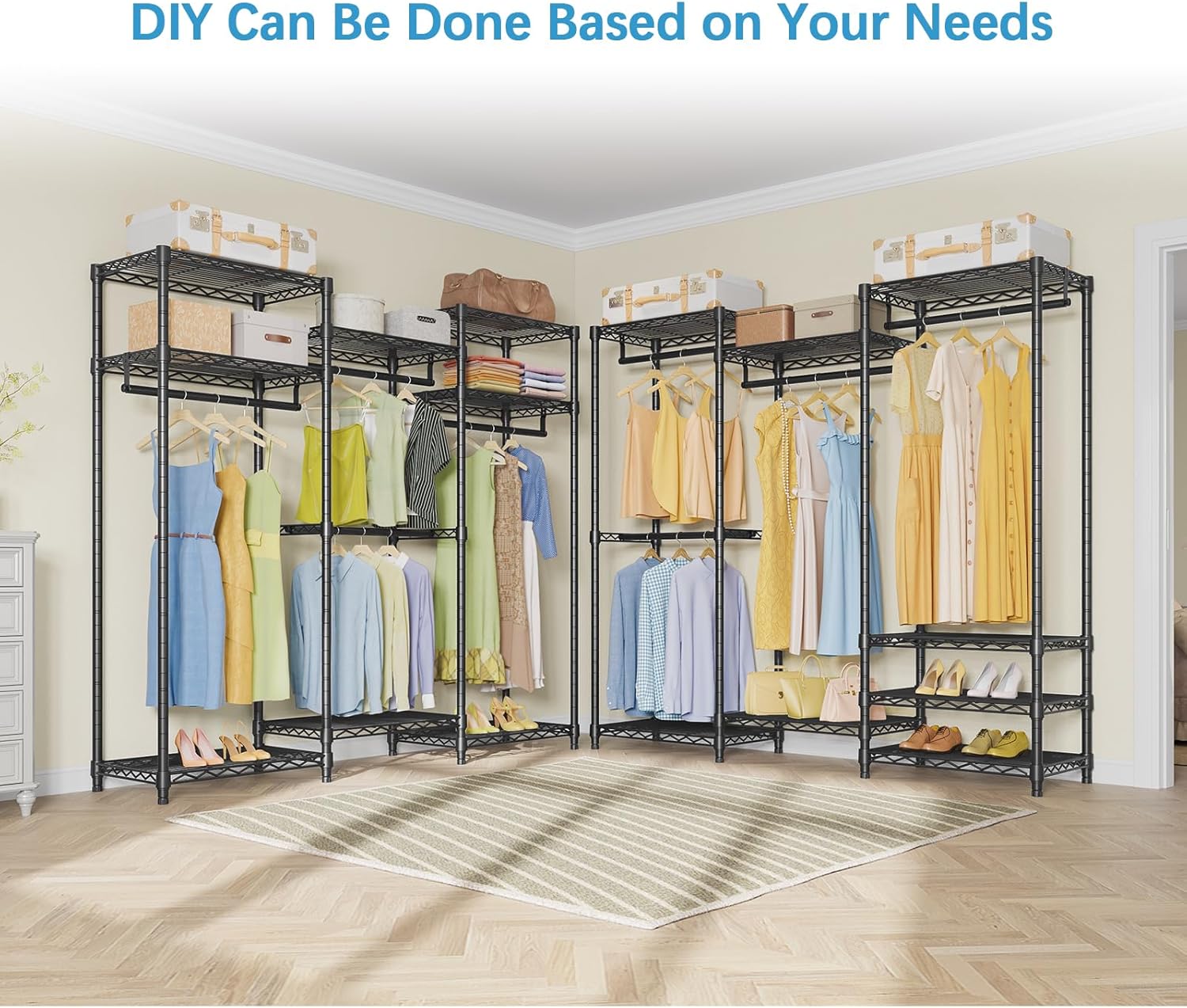 Portable Closet Wardrobe Heavy Duty Clothes Rack, with 4 Hang Rods & 8 Shelves, Adjustable Closet Racks, 68.9" L x 15.7" W x 76.4" H, Max Load 890LBS, Black-Aldronix
