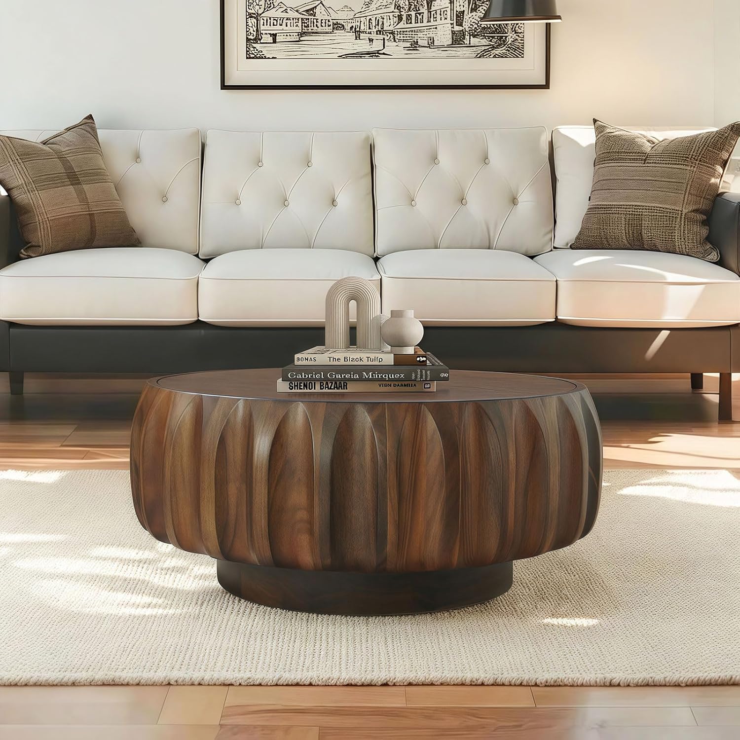 Nesting Coffee Table Set of 2, Round & Crescent Moon Wooden Coffee Tables, Modern Luxury Accent End Tea Table for Living Room Apartment (Black-Round)-Aldronix