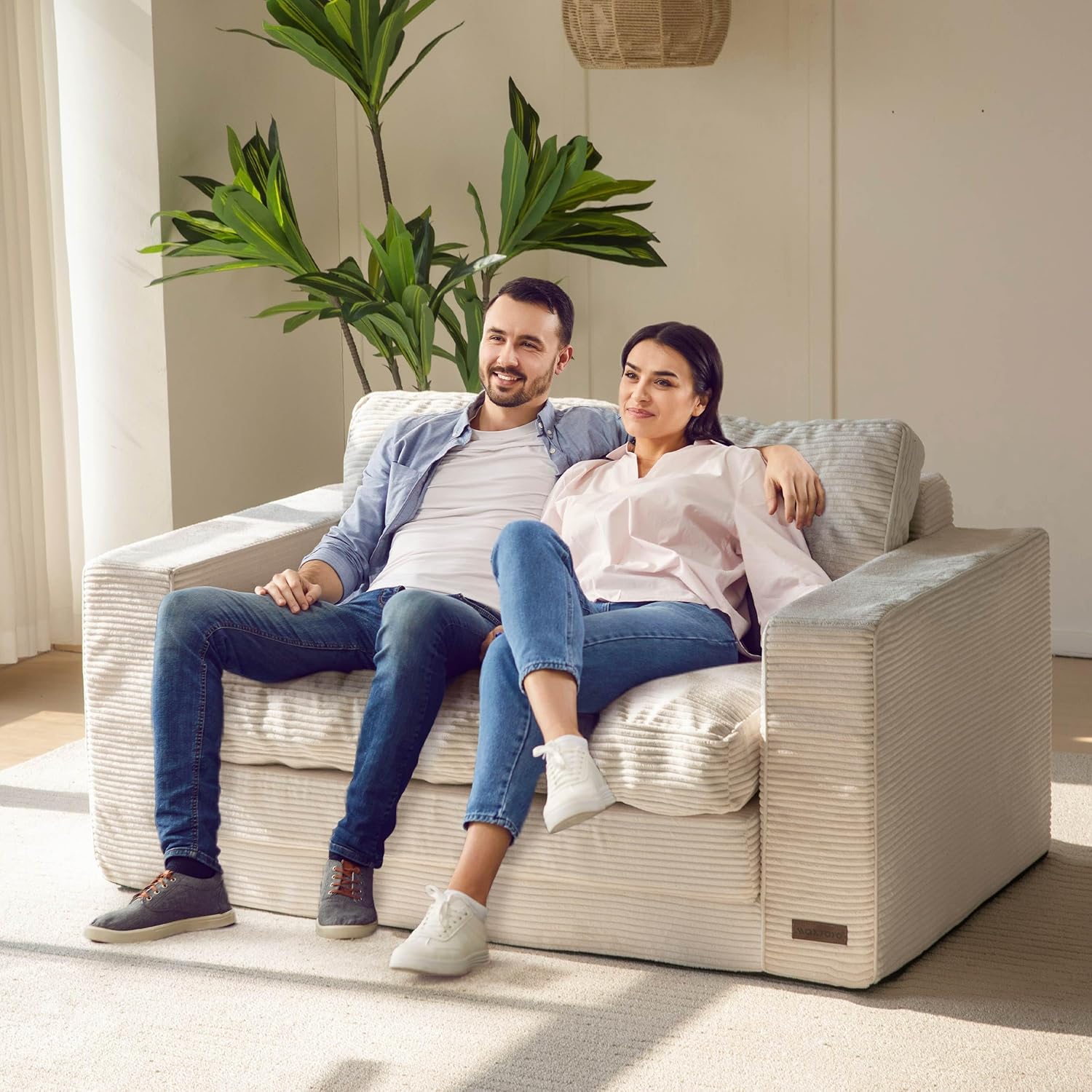  Convertible Sofa Bed, Pull Out Loveseat Sleeper Sofa, 2 in 1 Folding Couch Bed, Fold Out Floor Couch with Pillows for Living Room Bedroom Lounge, Beige-Aldronix