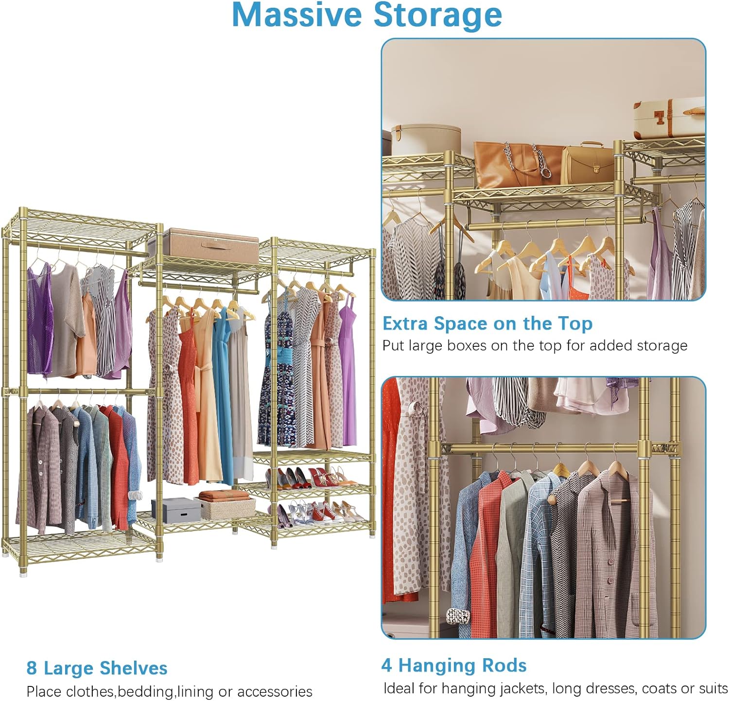 Portable Closet Wardrobe Heavy Duty Clothes Rack, with 4 Hang Rods & 8 Shelves, Adjustable Closet Racks, 68.9" L x 15.7" W x 76.4" H, Max Load 890LBS, Black-Aldronix