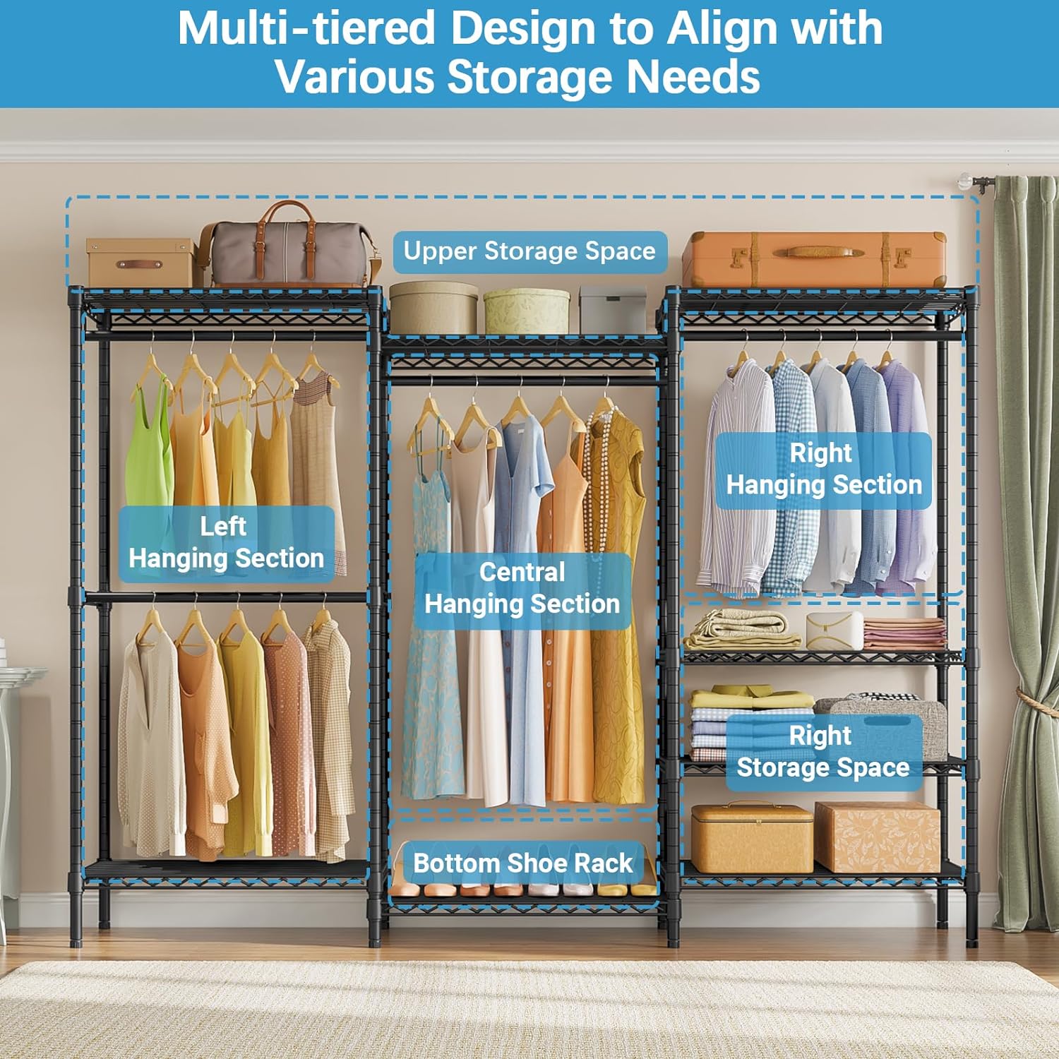 Portable Closet Wardrobe Heavy Duty Clothes Rack, with 4 Hang Rods & 8 Shelves, Adjustable Closet Racks, 68.9" L x 15.7" W x 76.4" H, Max Load 890LBS, Black-Aldronix