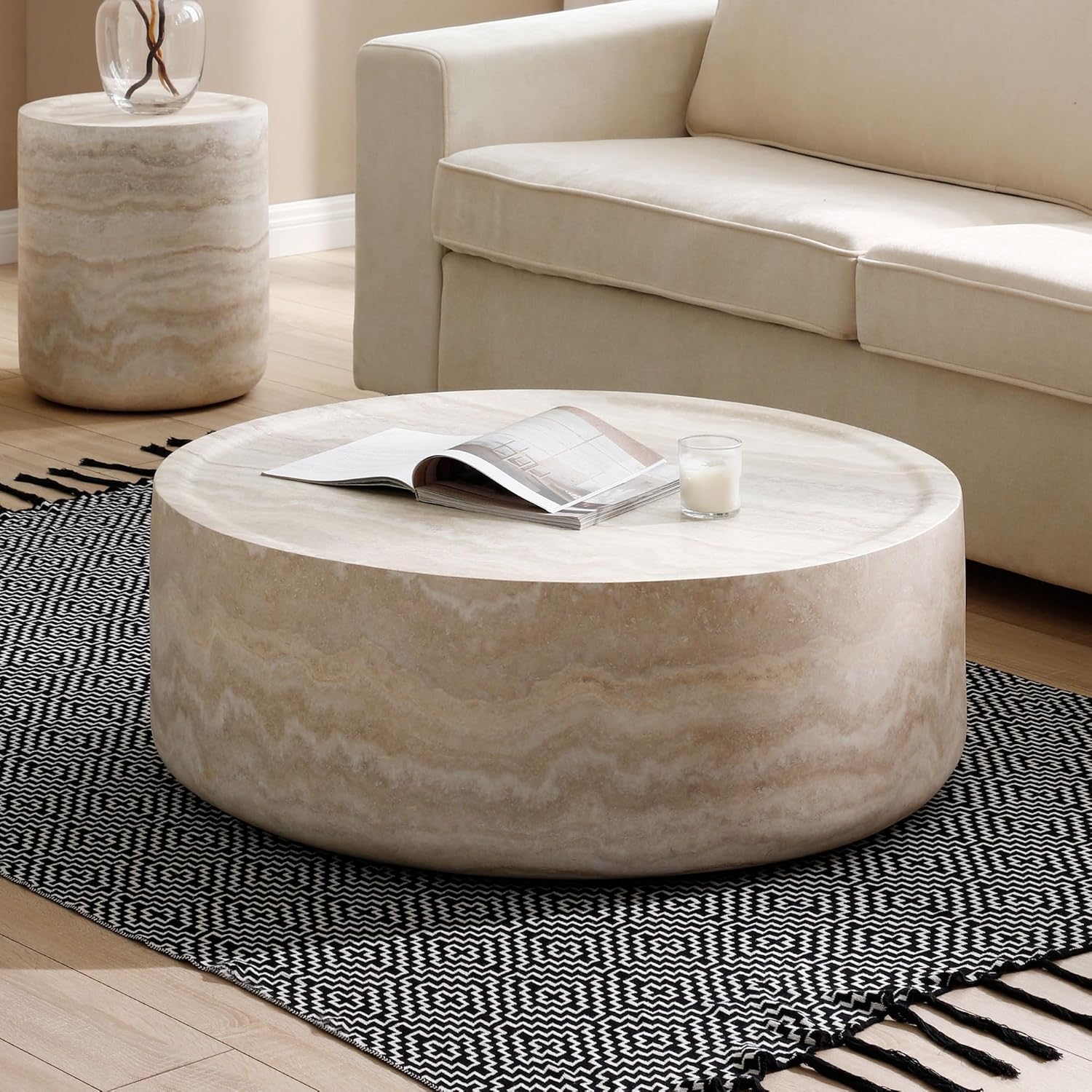Nesting Coffee Table Set of 2, Round & Crescent Moon Wooden Coffee Tables, Modern Luxury Accent End Tea Table for Living Room Apartment (Black-Round)-Aldronix