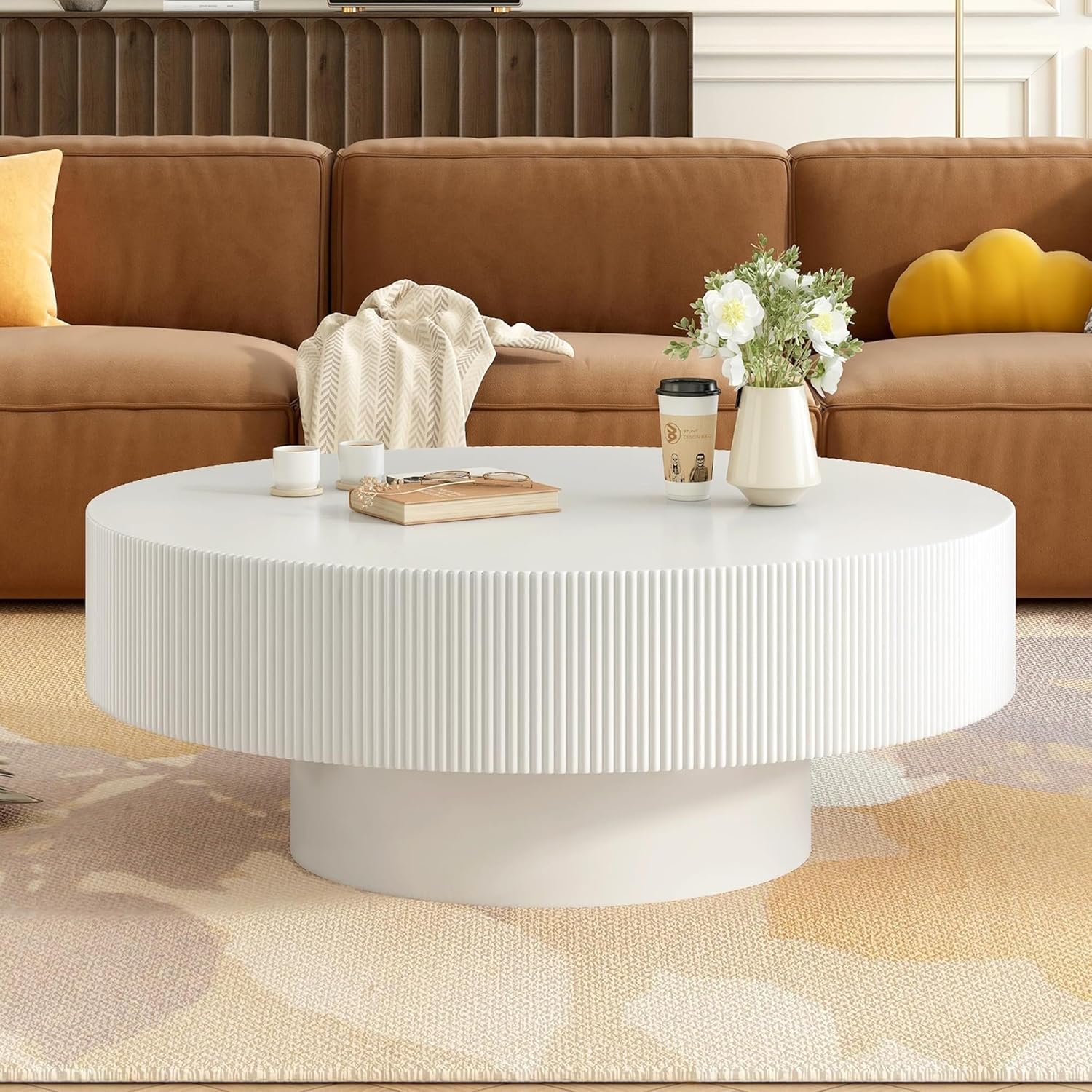 Nesting Coffee Table Set of 2, Round & Crescent Moon Wooden Coffee Tables, Modern Luxury Accent End Tea Table for Living Room Apartment (Black-Round)-Aldronix