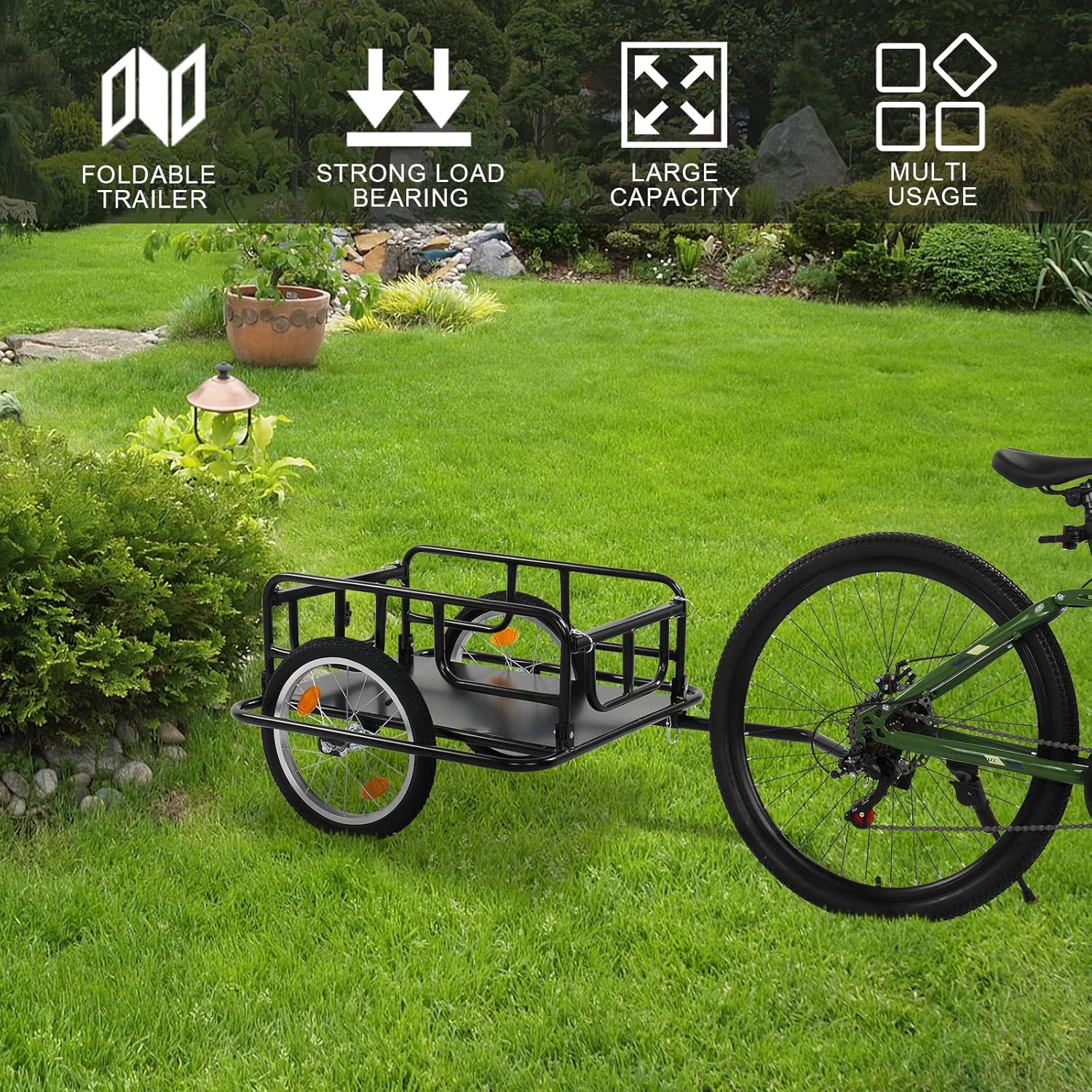Foldable Bike Cargo Trailer with Universal Bike Hitch, 16" Wheels & Reflectors, Large Loading Storage Cart-Aldronix
