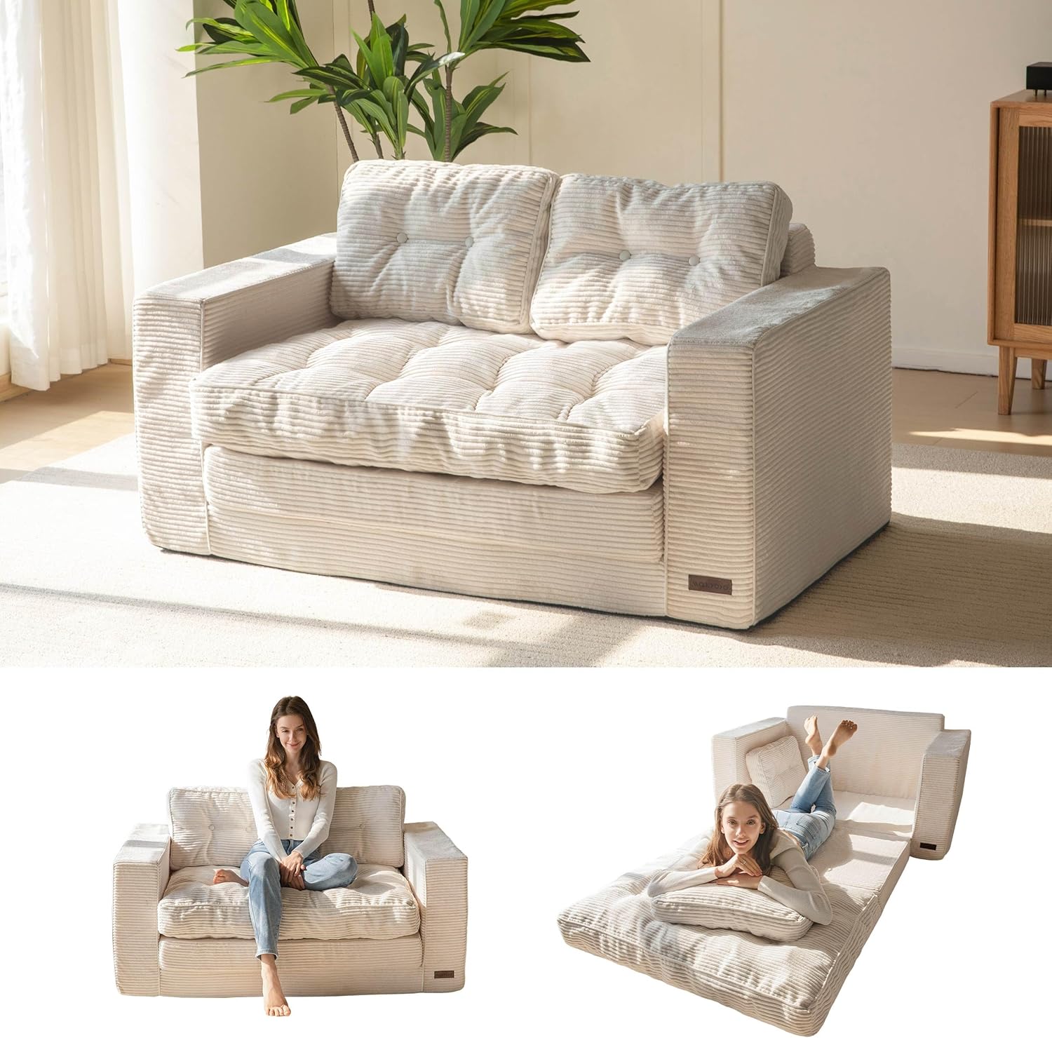 Convertible Sofa Bed, Pull Out Loveseat Sleeper Sofa, 2 in 1 Folding Couch Bed, Fold Out Floor Couch with Pillows for Living Room Bedroom Lounge, Beige-Aldronix