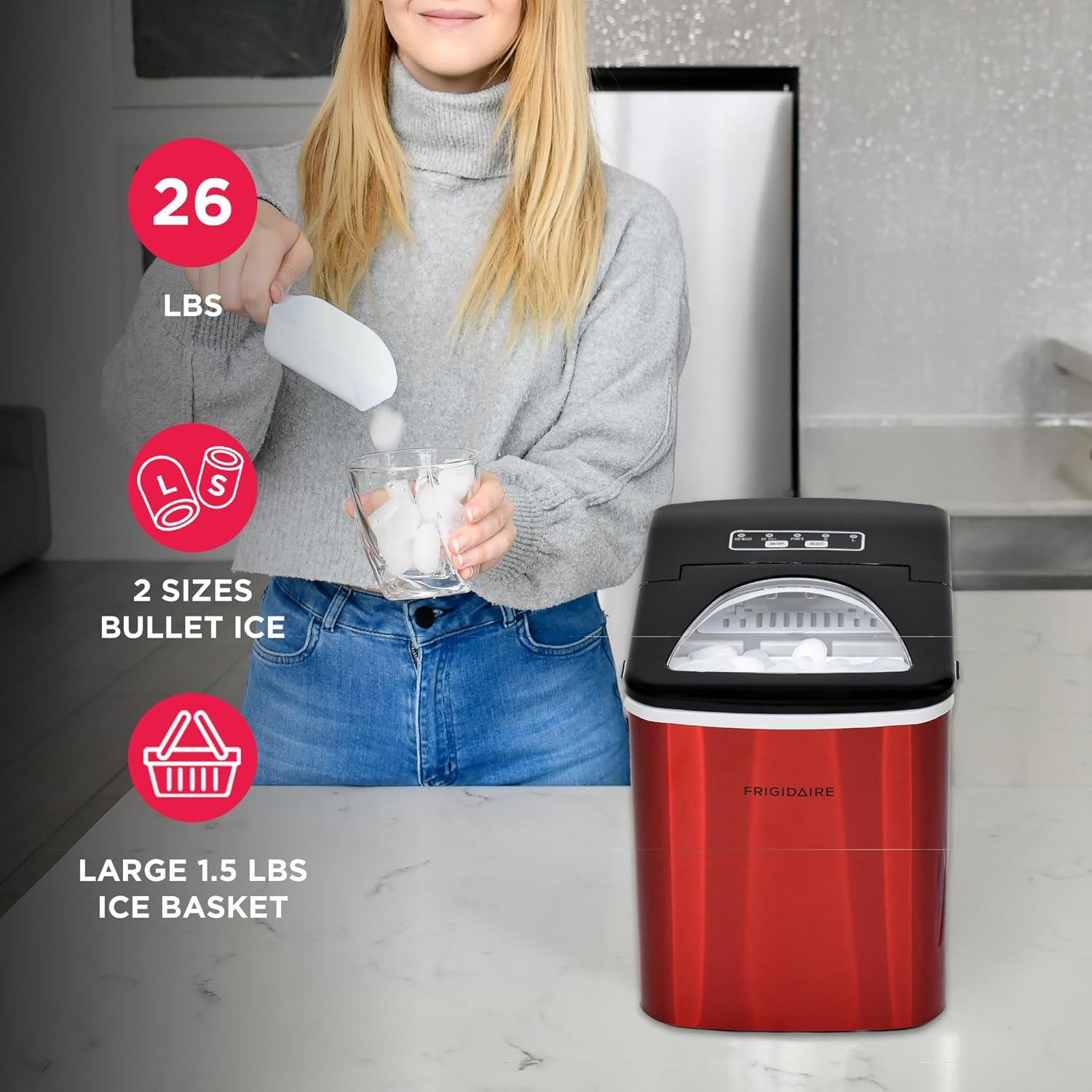 Frigidaire 26 Lbs per Day Portable Compact Maker, Ice Making Machine, Stainless, Medium