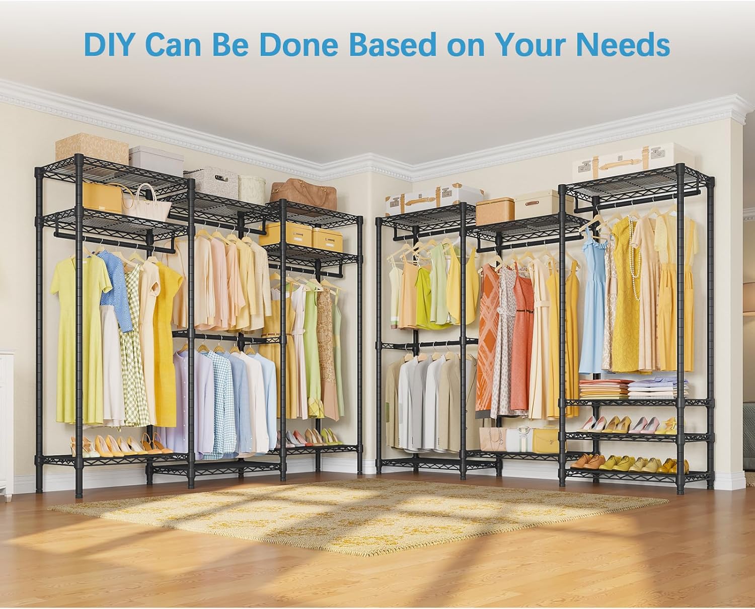Portable Closet Wardrobe Heavy Duty Clothes Rack, with 4 Hang Rods & 8 Shelves, Adjustable Closet Racks, 68.9" L x 15.7" W x 76.4" H, Max Load 890LBS, Black-Aldronix