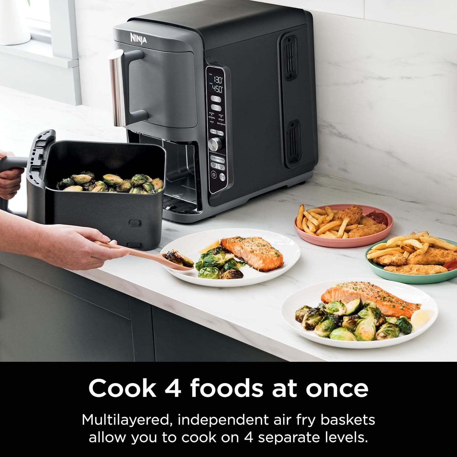 Ninja Air Fryer, 10QT DoubleStack XL 2-Basket, Compact Design, Cooks 5lb Whole Chicken, Feeds Up to 8 People, 6-in-1 Air Fryer, Roast, Bake & More, Easy to Clean, Dishwasher Safe Parts, Grey, SL401-Aldronix