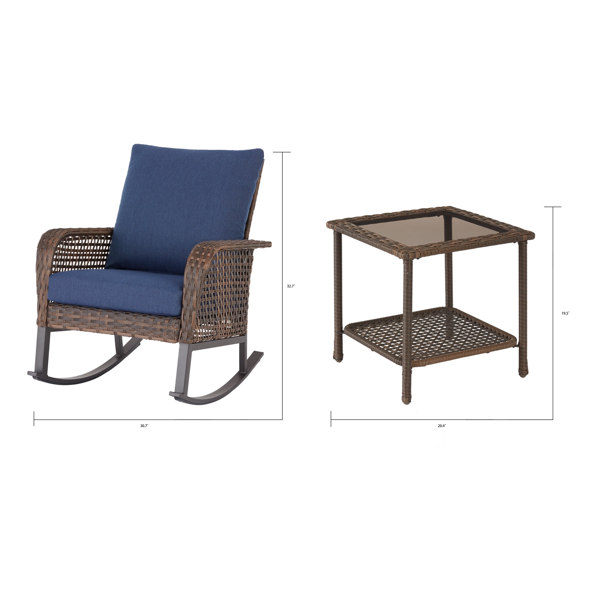 3-Piece Wicker Rocking Chair Outdoor Bistro Set, Blue-Aldronix