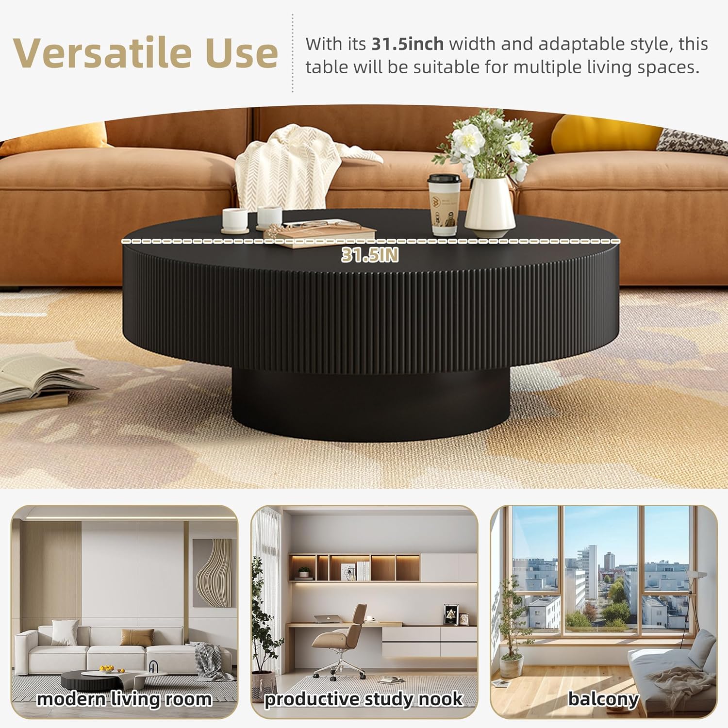 Nesting Coffee Table Set of 2, Round & Crescent Moon Wooden Coffee Tables, Modern Luxury Accent End Tea Table for Living Room Apartment (Black-Round)-Aldronix