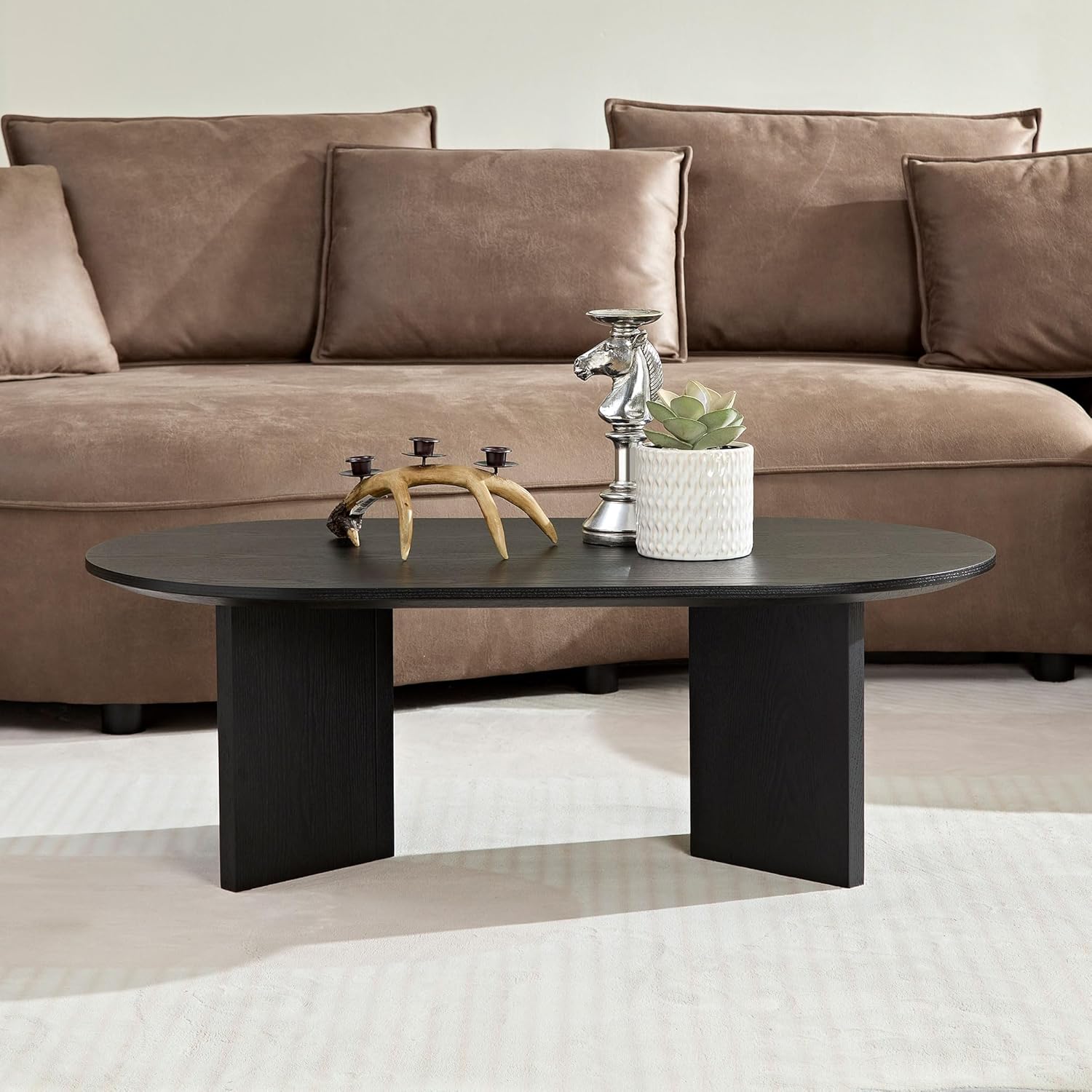Nesting Coffee Table Set of 2, Round & Crescent Moon Wooden Coffee Tables, Modern Luxury Accent End Tea Table for Living Room Apartment (Black-Round)-Aldronix