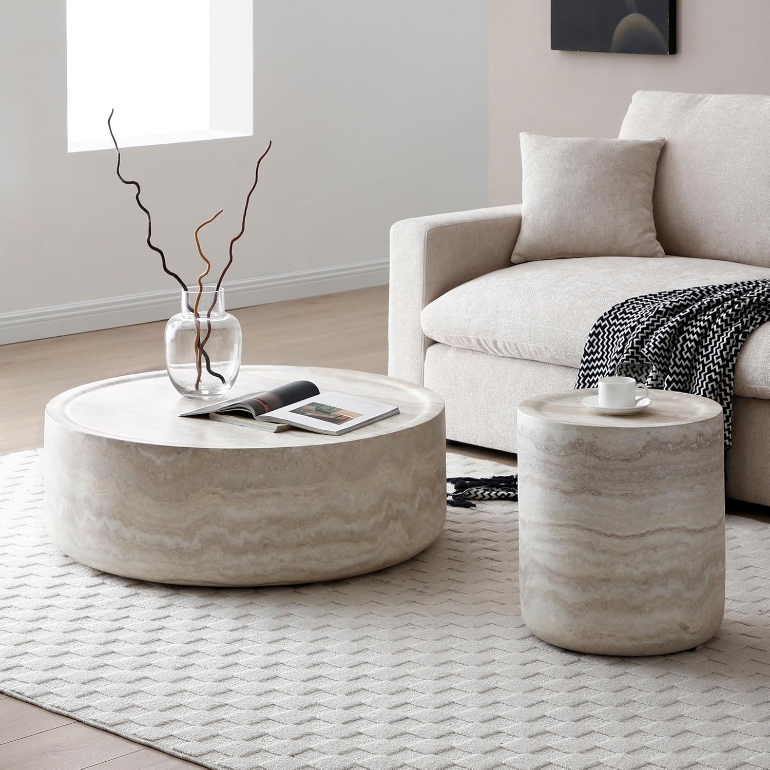 Nesting Coffee Table Set of 2, Round & Crescent Moon Wooden Coffee Tables, Modern Luxury Accent End Tea Table for Living Room Apartment (Black-Round)-Aldronix