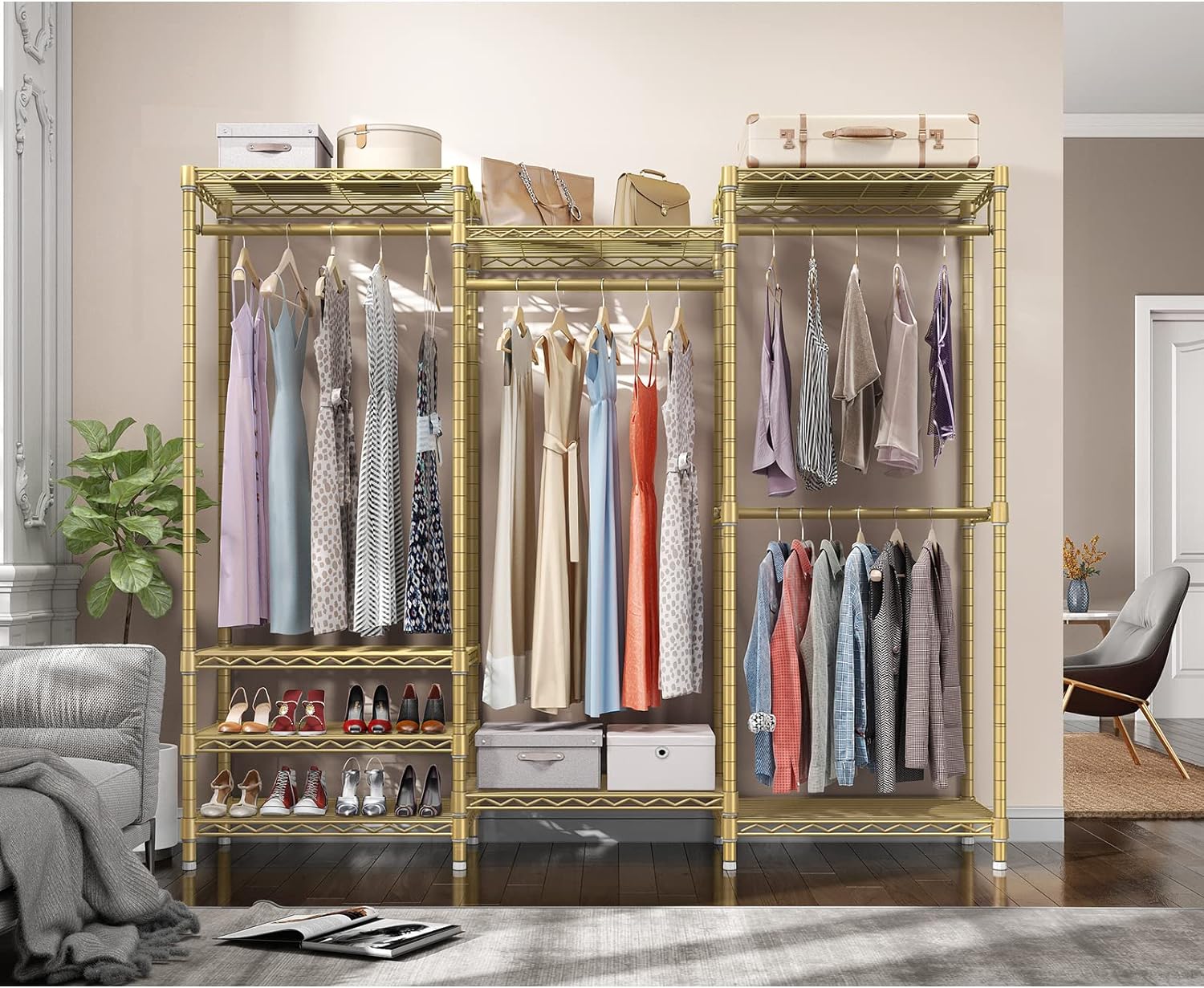 Portable Closet Wardrobe Heavy Duty Clothes Rack, with 4 Hang Rods & 8 Shelves, Adjustable Closet Racks, 68.9" L x 15.7" W x 76.4" H, Max Load 890LBS, Black-Aldronix