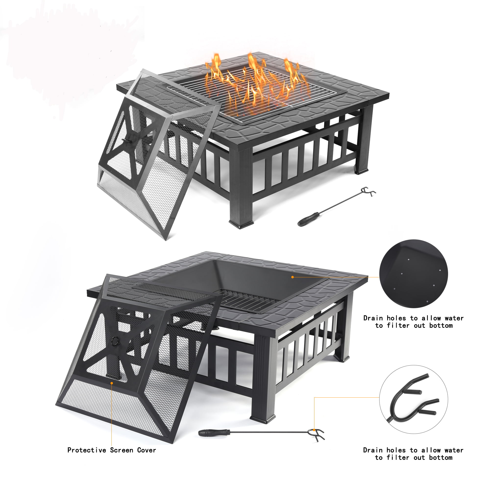 Outdoor Fire Pit, 32" Square Metal Fire Pit Table with Spark Screen & Log Poker, Stove Wood Burning Fire Pit Bowl, Ideal for Yard Patio Beach Picnic Bonfire-Aldronix