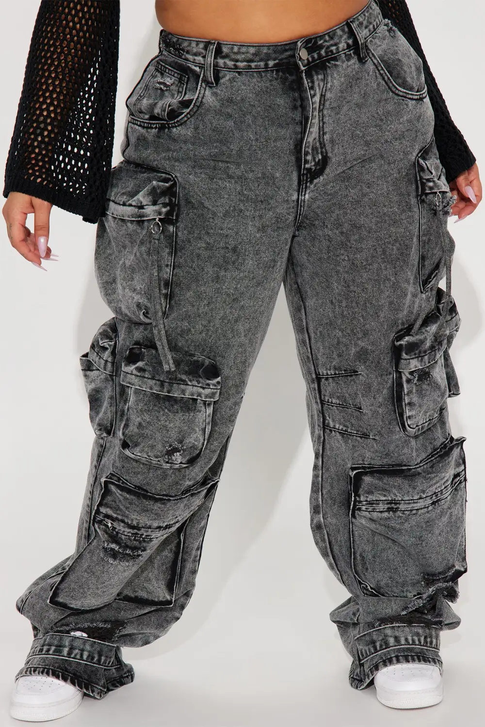 Millie Non Stretch Ripped Cargo Jeans - Acid Wash Black-Aldronix