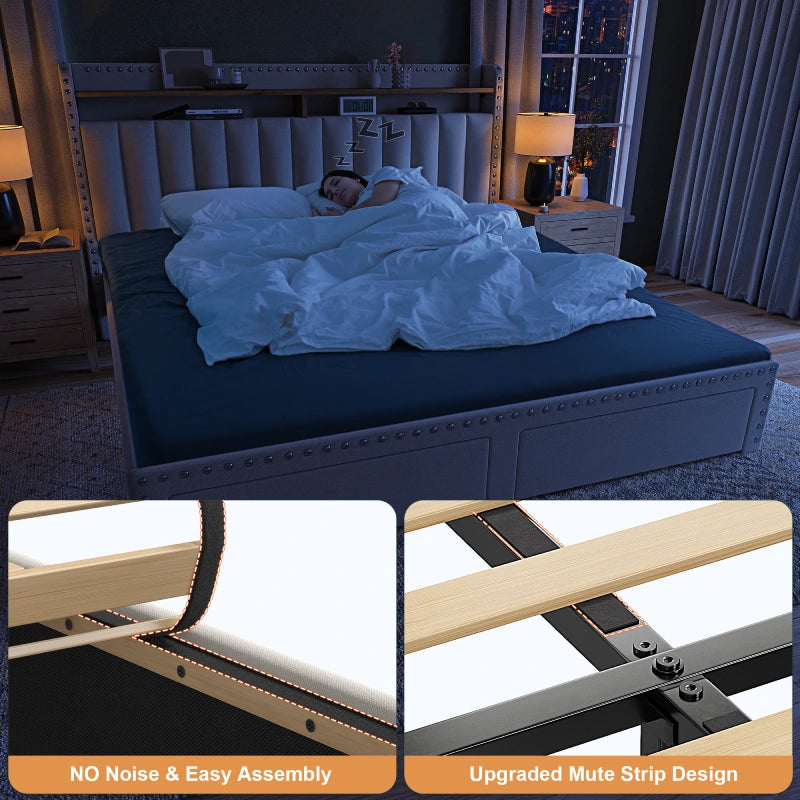 e Upholstered Queen Bed Frame with Storage and Headboard, Heavy Duty Metal Bed Frame with 2 Drawers, Noise-Free, White-Aldronix