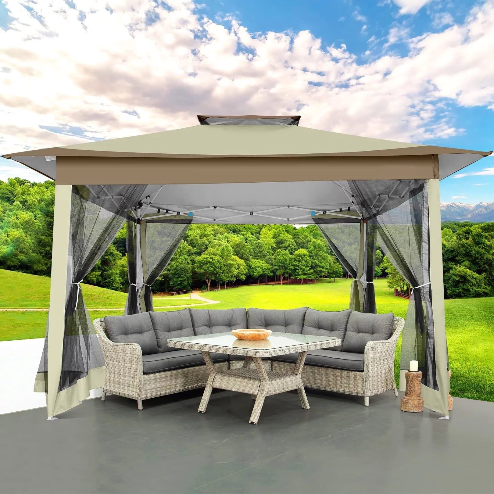 11x11 Pop up Gazebo Outdoor Canopy Gazebo Patio Gazebo with Mosquito Netting Canopy Shelter with 121 Square feet of Shade for Poolside, Garden, Party and Backyard, Khaki-Aldronix