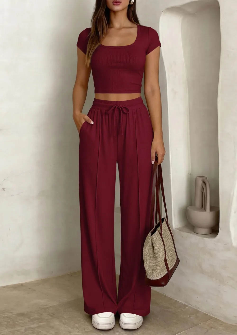 Women's 2 Piece Outfits Square Neck Crop Top High Waist Wide Leg Pants Loungewear Set-Aldronix