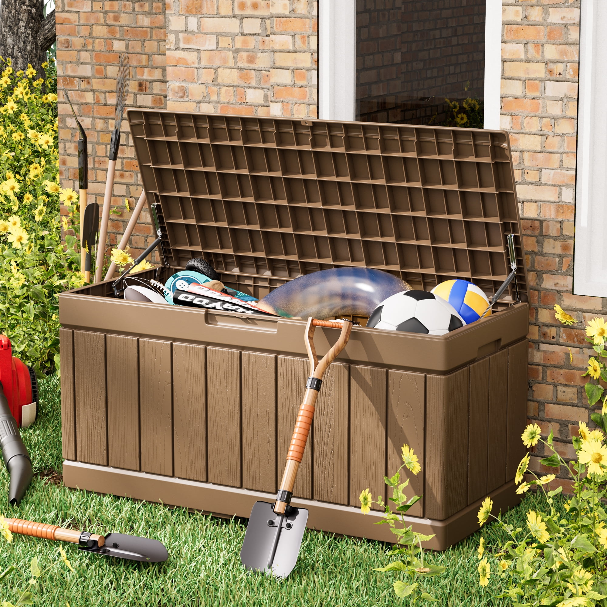 82 Gallon Outdoor Storage in Resin Deck Box 45.66in Width Lockable Deck Box, Black-Aldronix