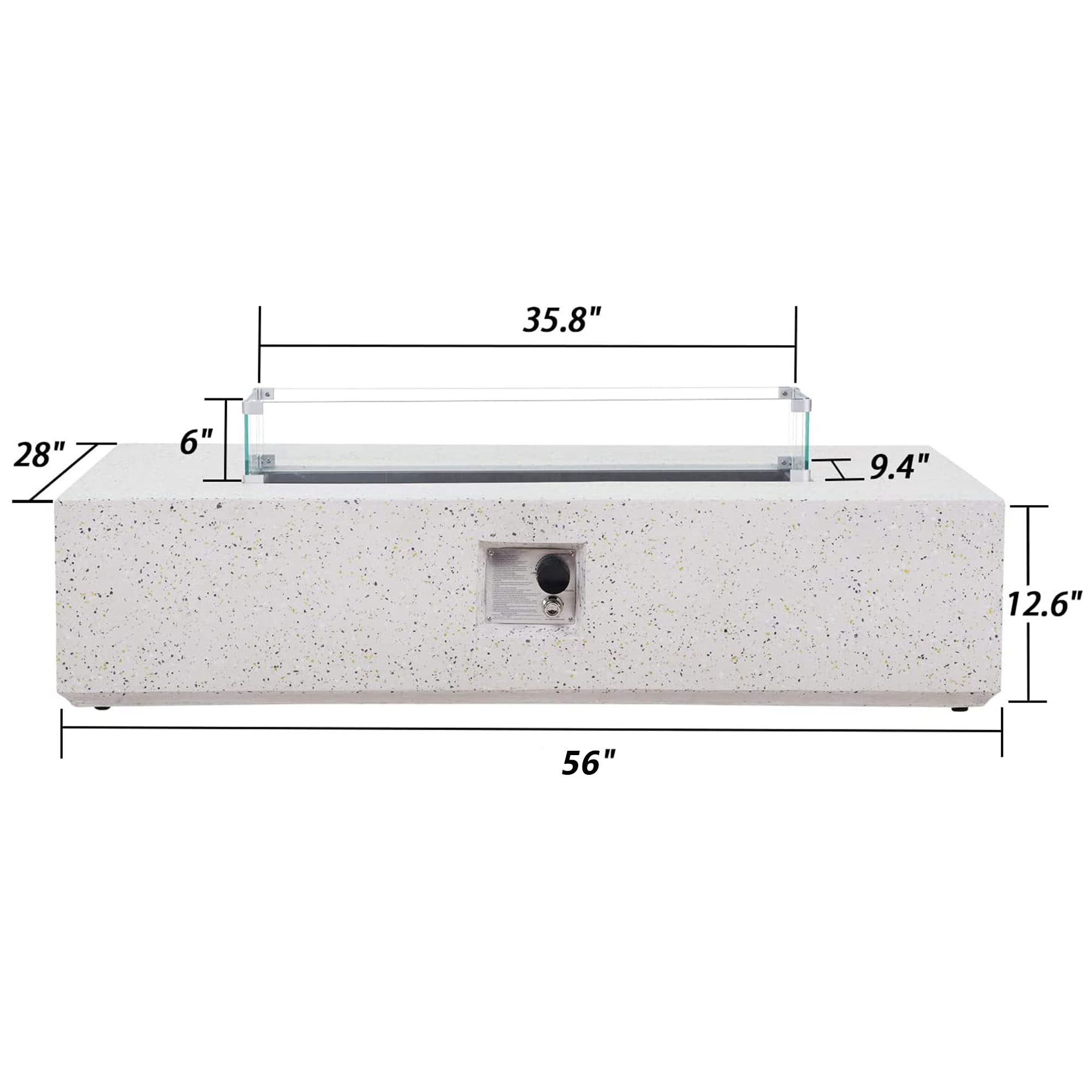 56 inch Concrete Propane Fire Pit Table, 50,000 BTU Outdoor Firepit Rectangular Table with Propane Tank Metal Stand, Fire Glass Beads and Waterproof Cover, White-Aldronix