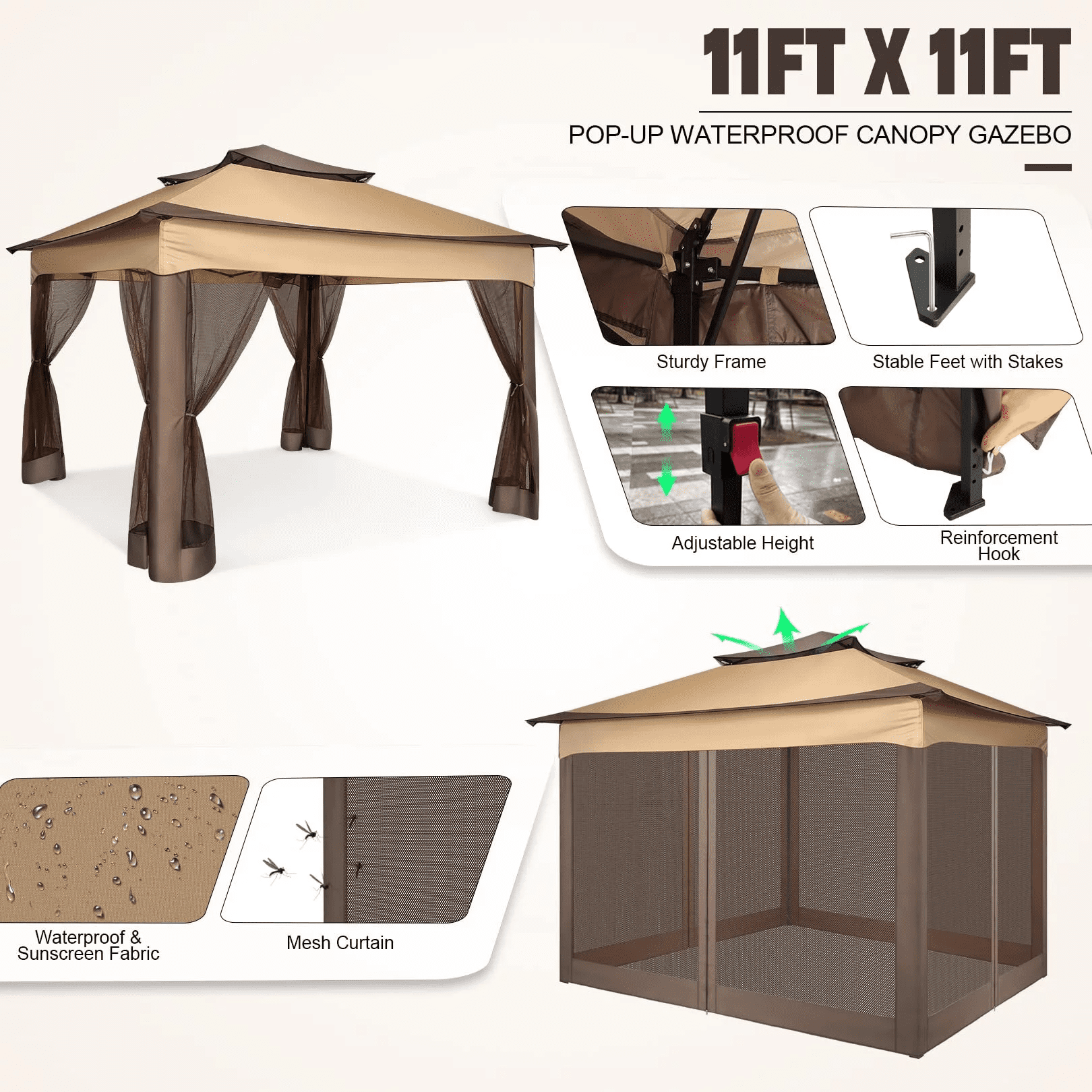 11x11 Pop up Gazebo Outdoor Canopy Gazebo Patio Gazebo with Mosquito Netting Canopy Shelter with 121 Square feet of Shade for Poolside, Garden, Party and Backyard, Khaki-Aldronix