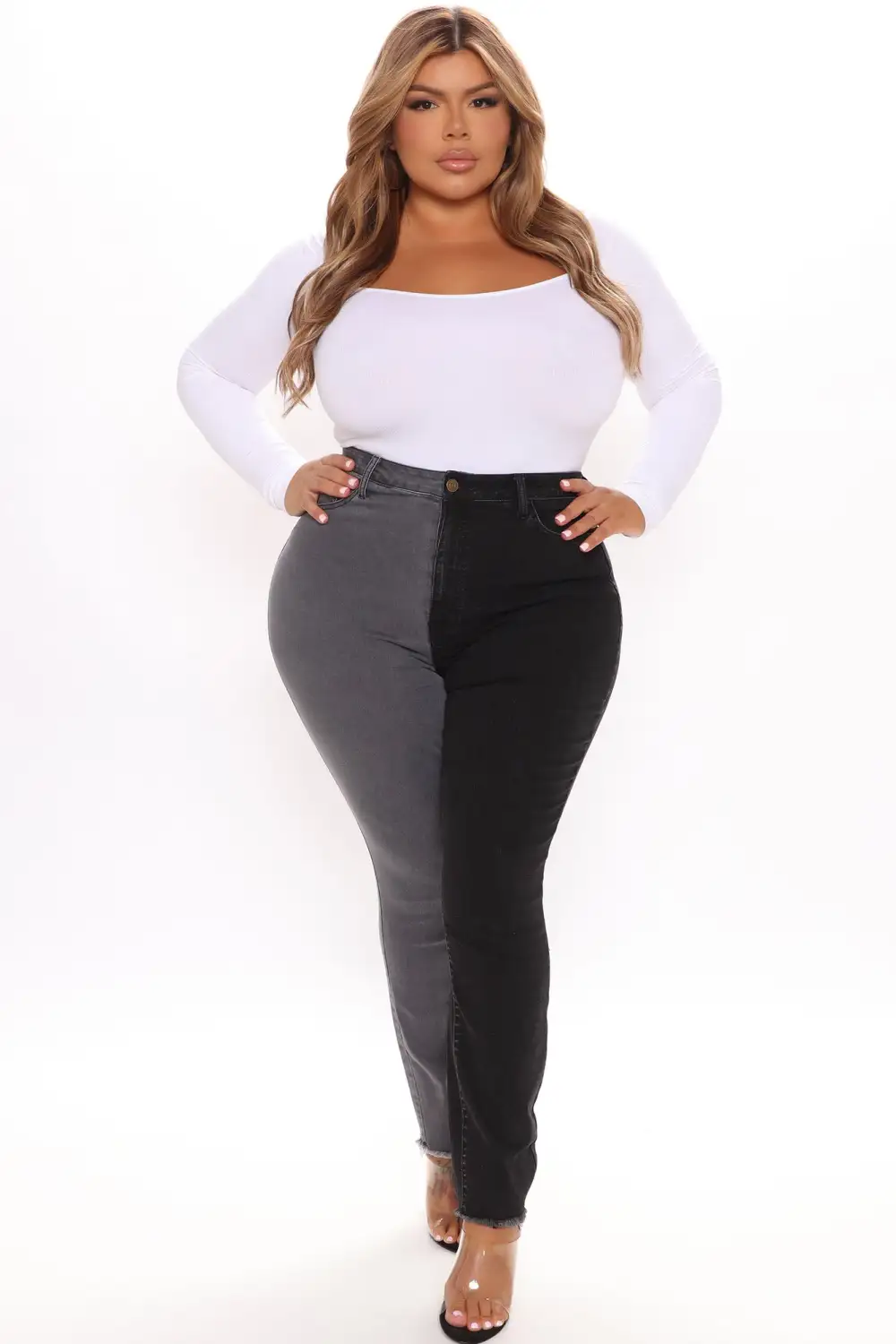Half And Half Contrast High Rise Skinny Jeans - Black/Grey-Aldronix