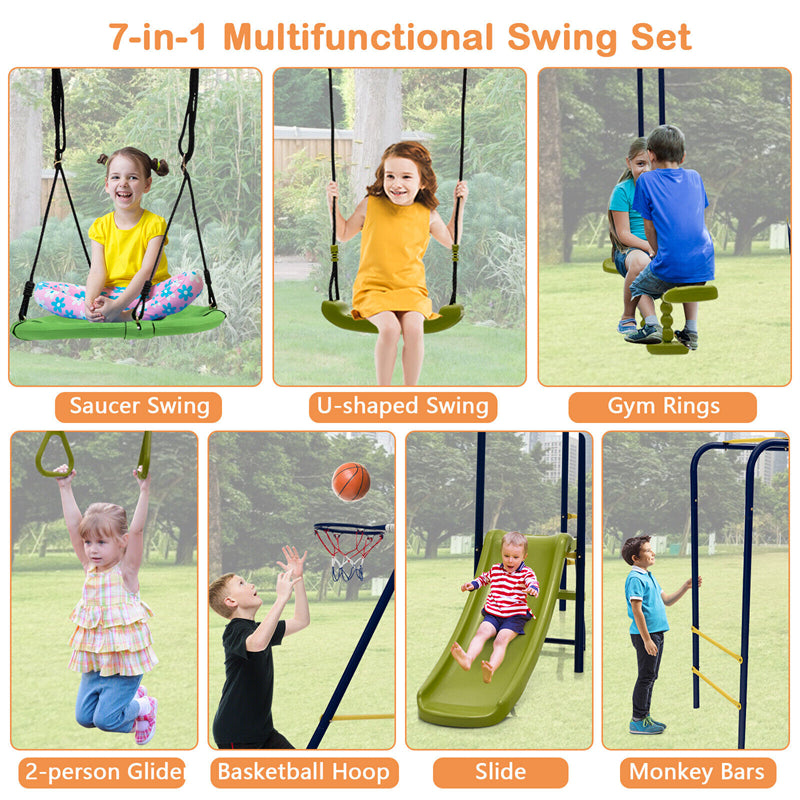 660 lbs Kids Swing Sets 7-in-1 Heavy Duty Backyard Swing Set Outdoor Playset with 2 Swings Glider Basketball Hoop Slide Gym Rings-Aldronix