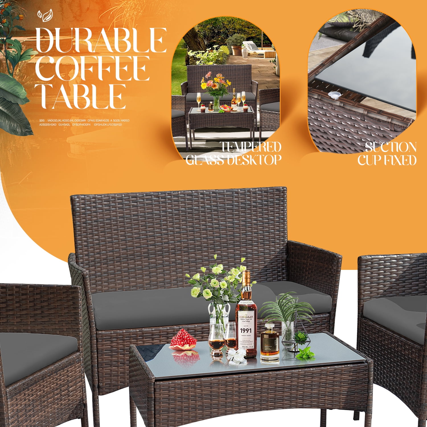 4 Pieces Patio Conversation Set Outdoor PE Rattan Wicker Chairs Set and Table, Brown-Aldronix