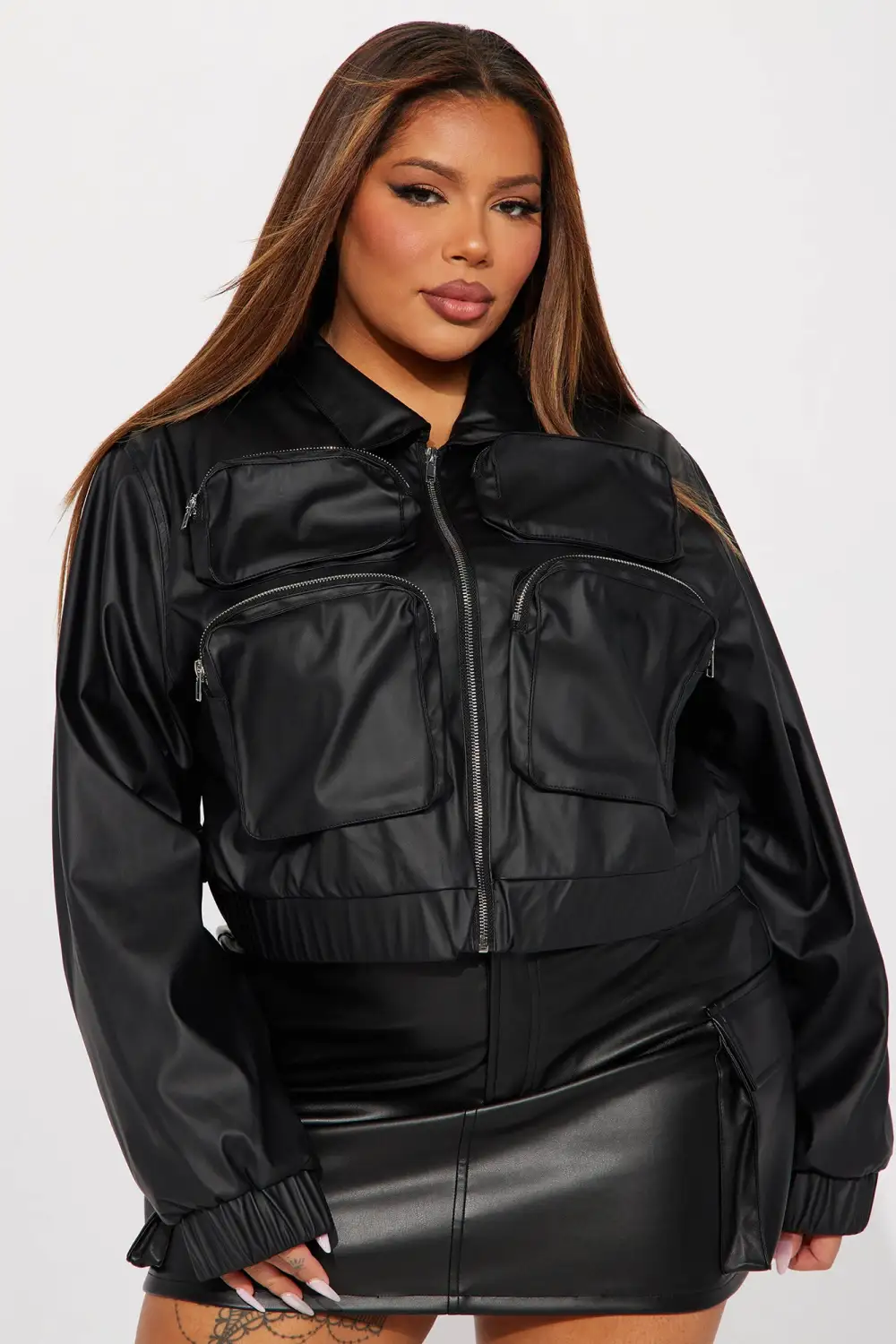 Fair And Square Faux Leather Bomber Jacket - Black-Aldronix
