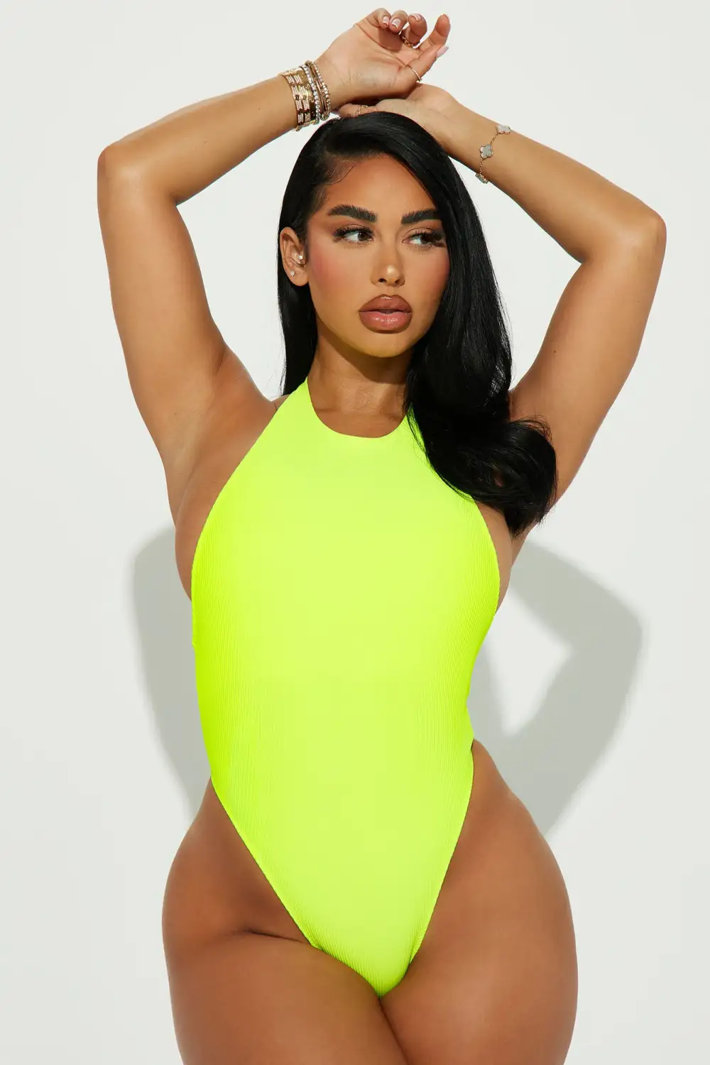 Summer Songs Ribbed Thong 1 Piece Swimsuit - Neon Yellow-Aldronix