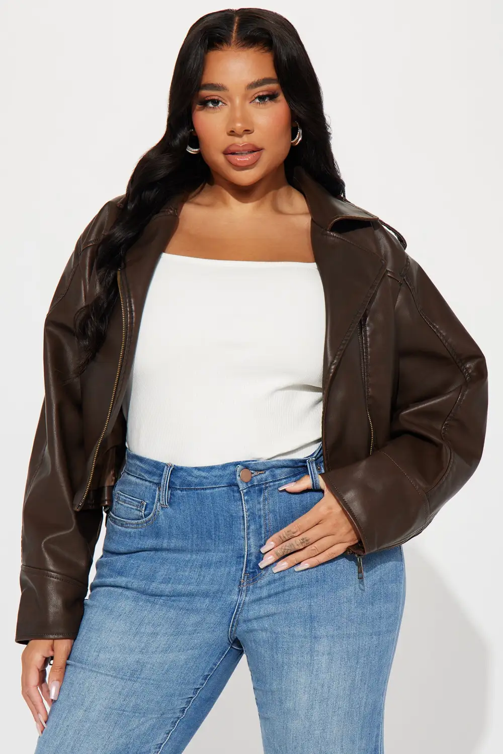 Check The Deets Faux Leather Moto Jacket - Brown-Aldronix