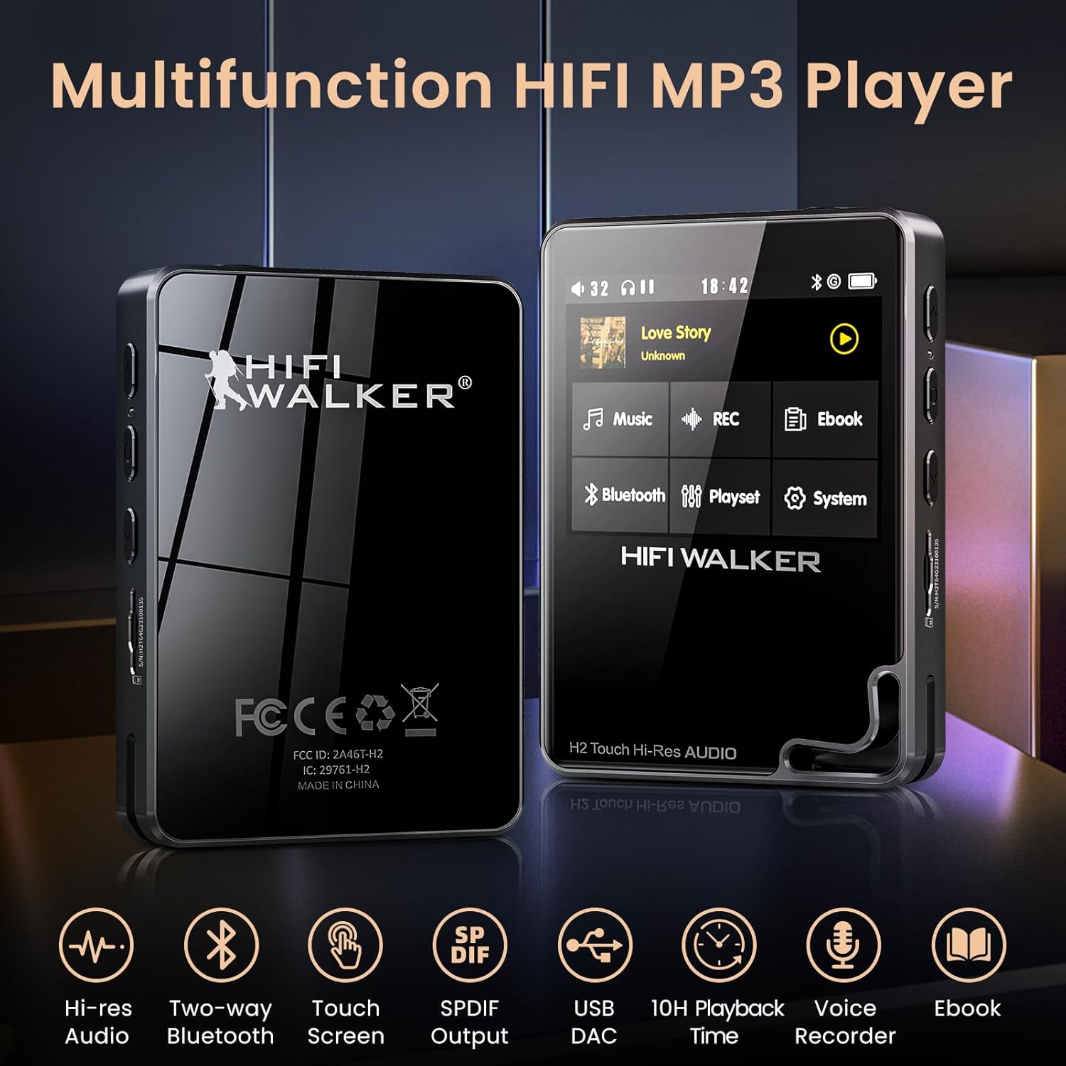 HIFI WALKER H2 Touch, Hi Res MP3 Player with Bluetooth-Aldronix
