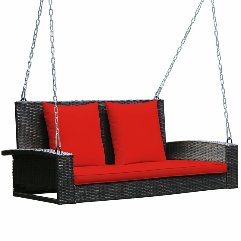 2-Person Outdoor Wicker Hanging Porch Swing Bench with 3 Cushions-Aldronix