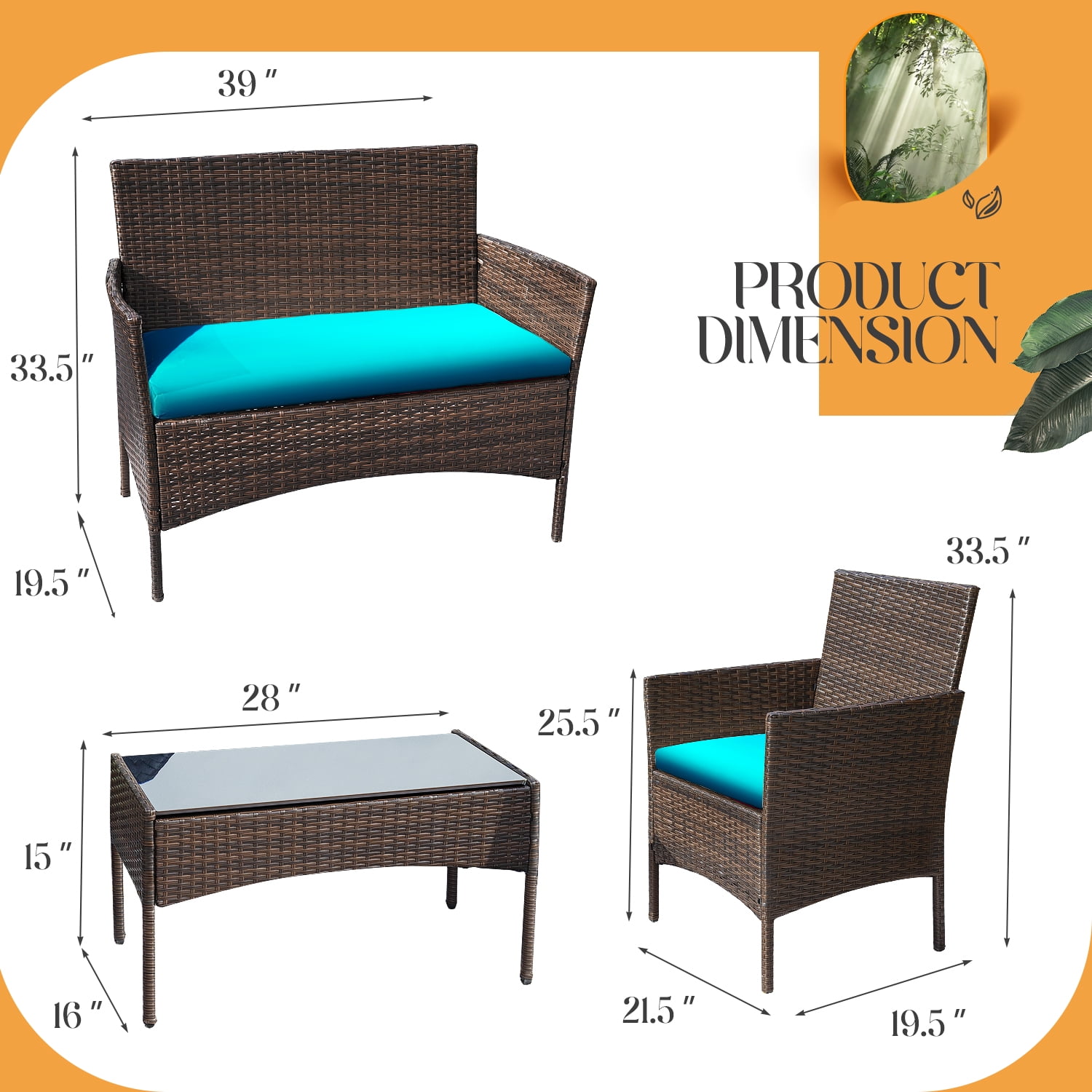 4 Pieces Patio Conversation Set Outdoor PE Rattan Wicker Chairs Set and Table, Brown-Aldronix