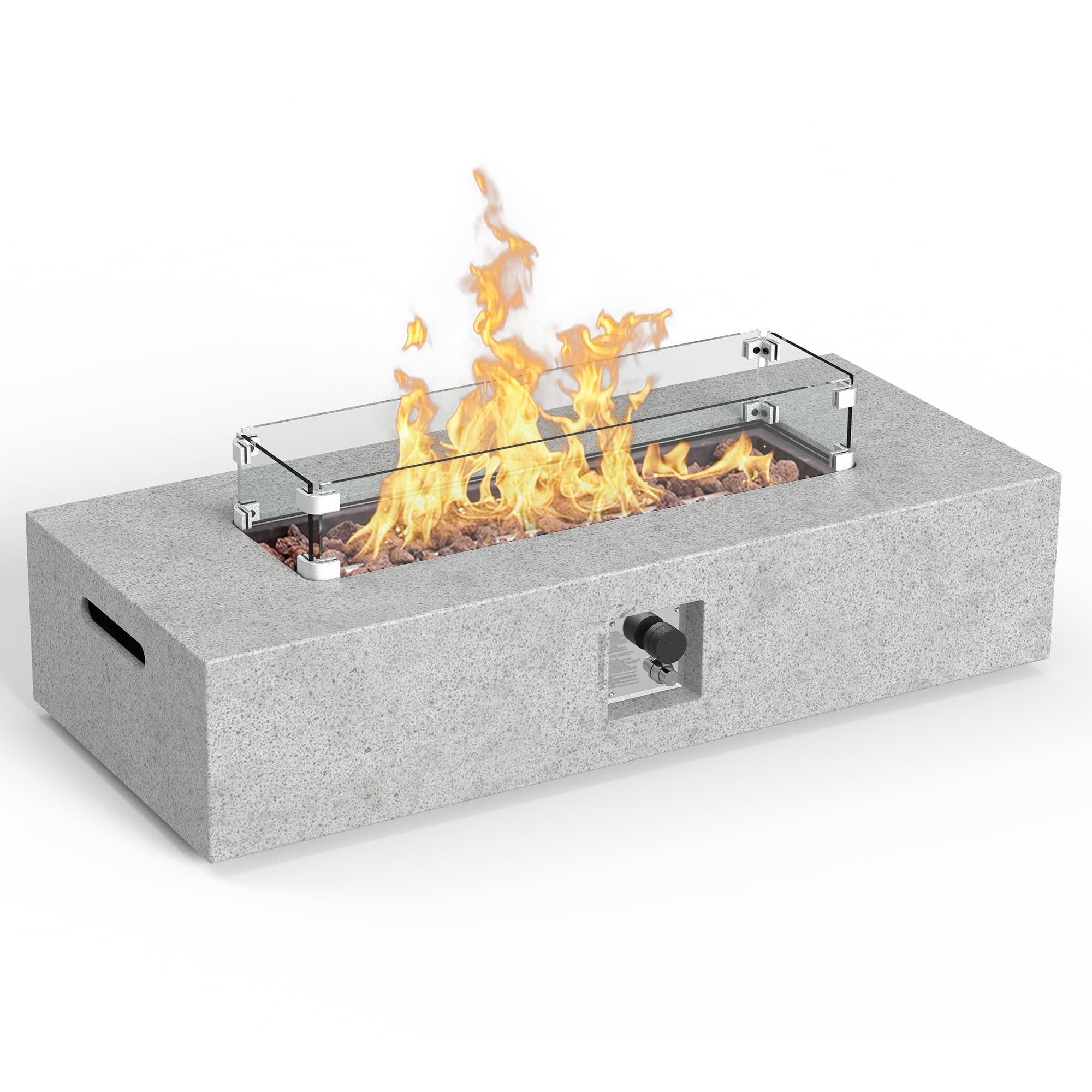56 inch Concrete Propane Fire Pit Table, 50,000 BTU Outdoor Firepit Rectangular Table with Propane Tank Metal Stand, Fire Glass Beads and Waterproof Cover, White-Aldronix