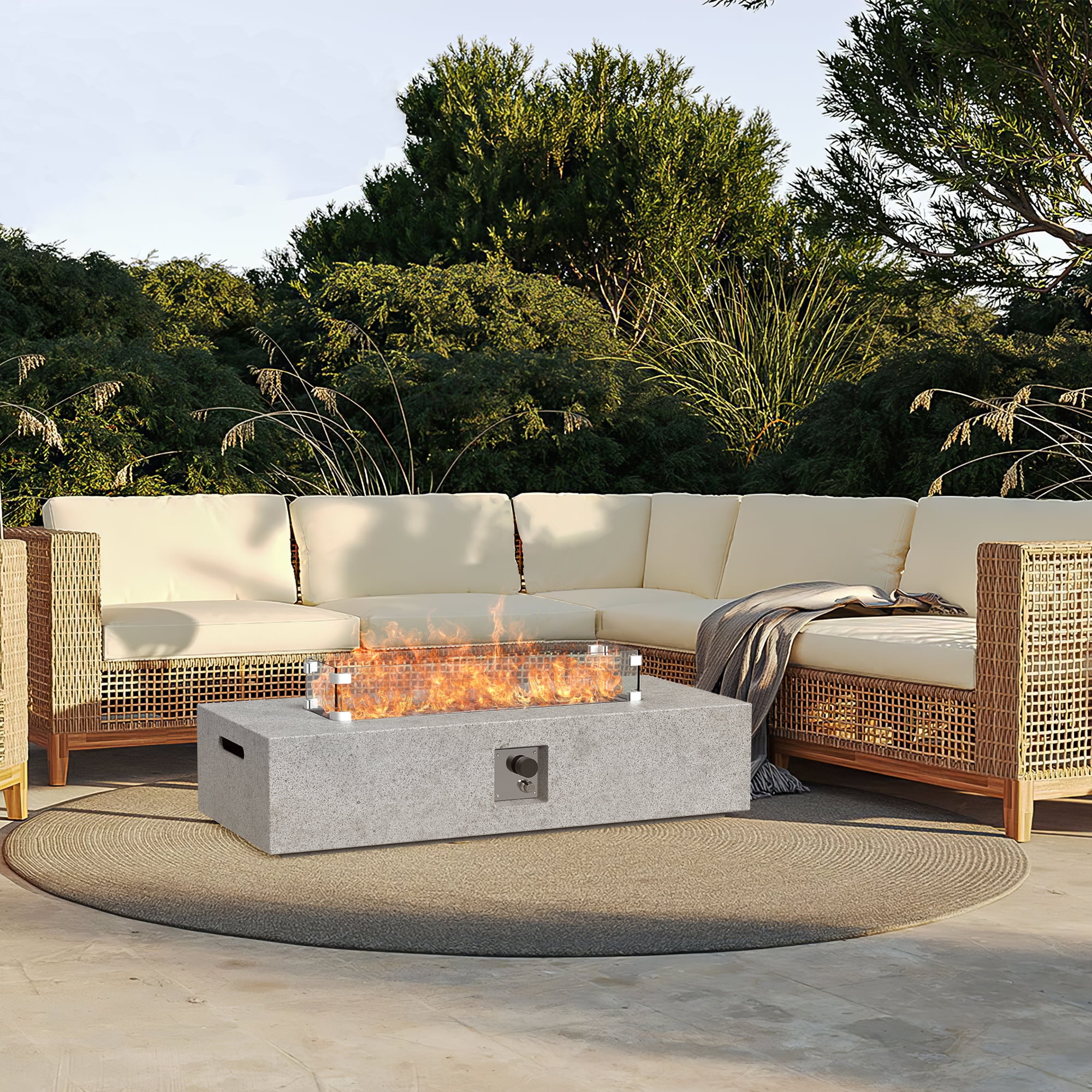 56 inch Concrete Propane Fire Pit Table, 50,000 BTU Outdoor Firepit Rectangular Table with Propane Tank Metal Stand, Fire Glass Beads and Waterproof Cover, White-Aldronix