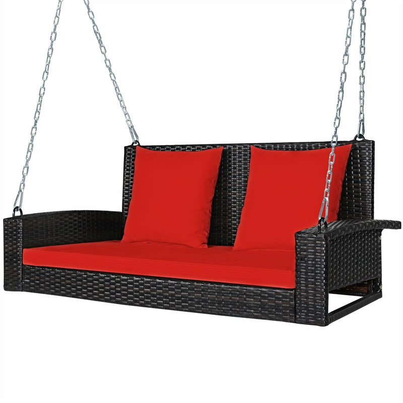 2-Person Outdoor Wicker Hanging Porch Swing Bench with 3 Cushions-Aldronix