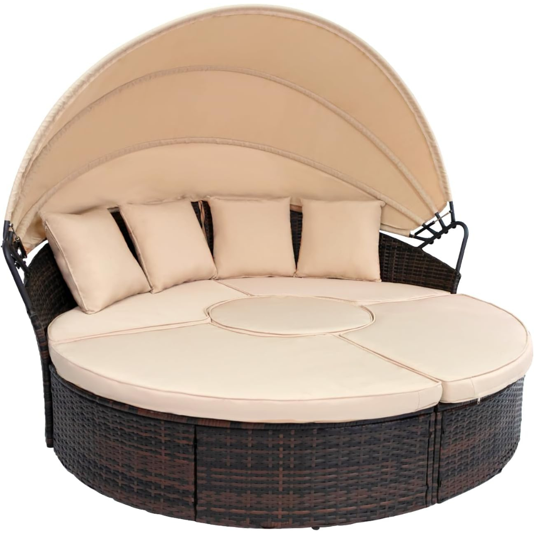 Backyard Porch Round Daybed  - Retractable Canopy-Aldronix