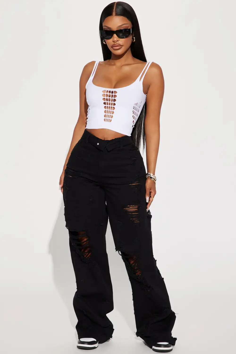 Summer Fling Destroyed Foldover Baggy Jean - Black-Aldronix