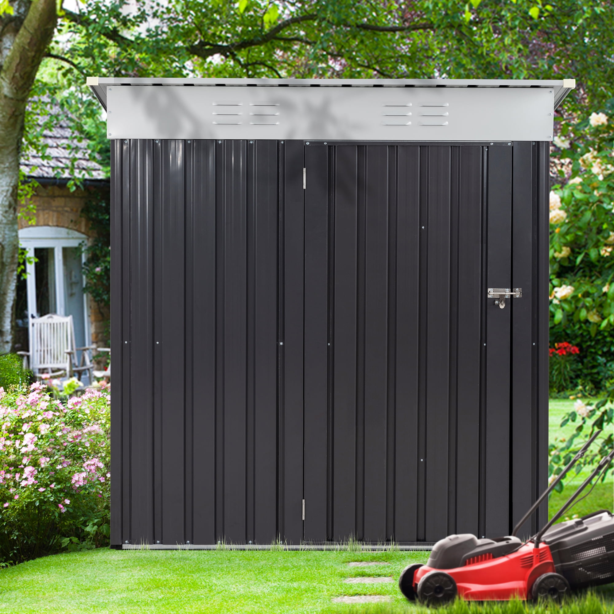 5X3 FT Outdoor Storage Shed,Waterproof Metal Garden Sheds with Lockable Double Door,Weather Resistant Steel Tool Storage House Shed Grey-Aldronix