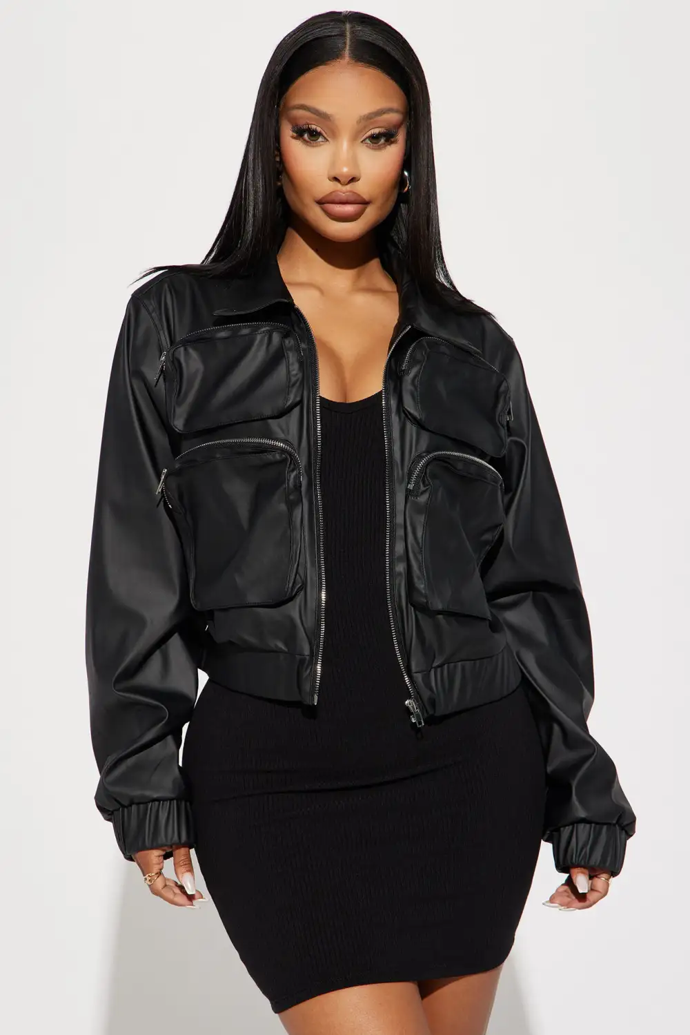 Fair And Square Faux Leather Bomber Jacket - Black-Aldronix