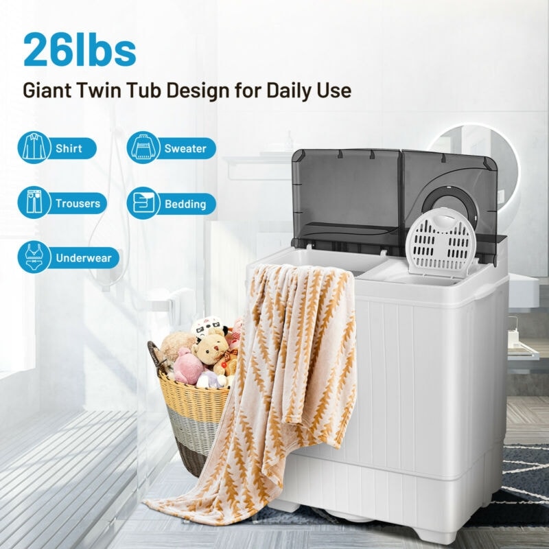 26lbs Portable Semi-automatic Washing Machine with Built-in Drain Pump Twin Tub Washer Dryer Combo-Aldronix