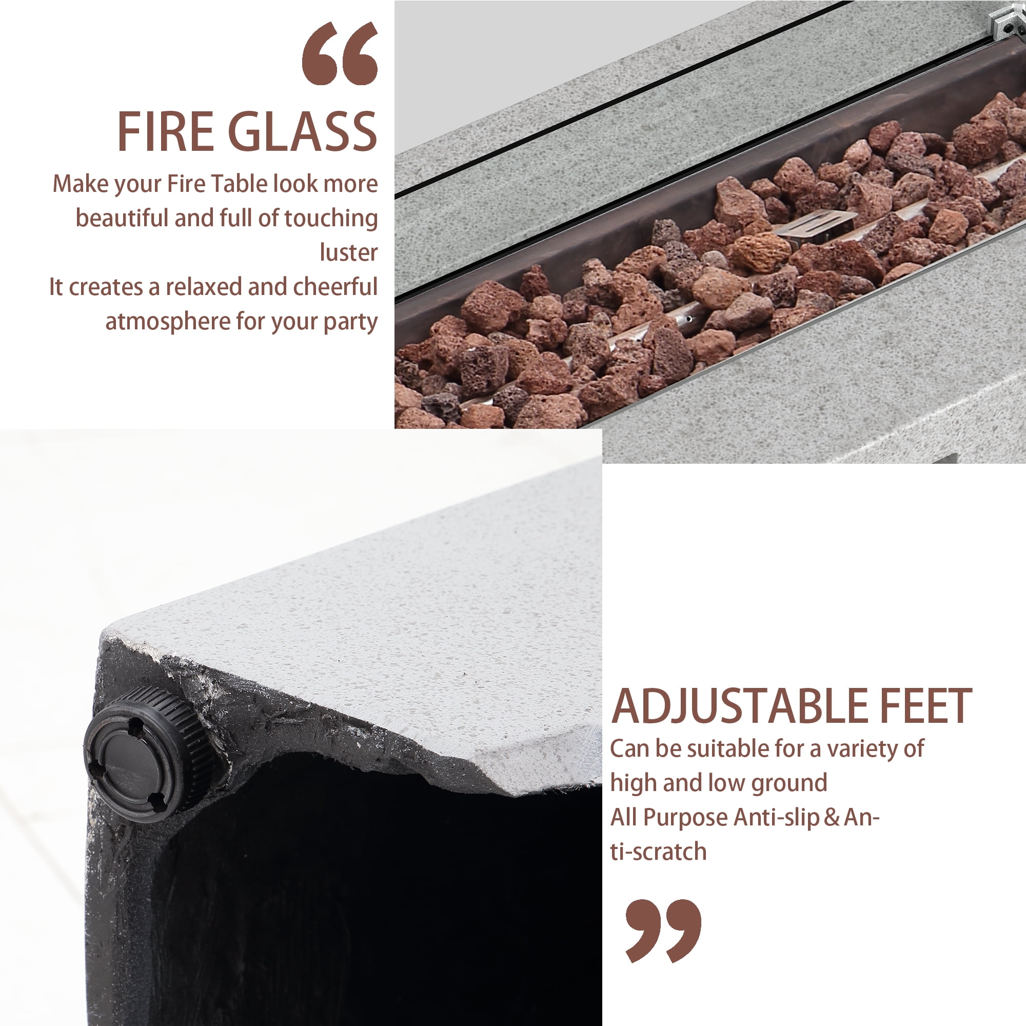 56 inch Concrete Propane Fire Pit Table, 50,000 BTU Outdoor Firepit Rectangular Table with Propane Tank Metal Stand, Fire Glass Beads and Waterproof Cover, White-Aldronix