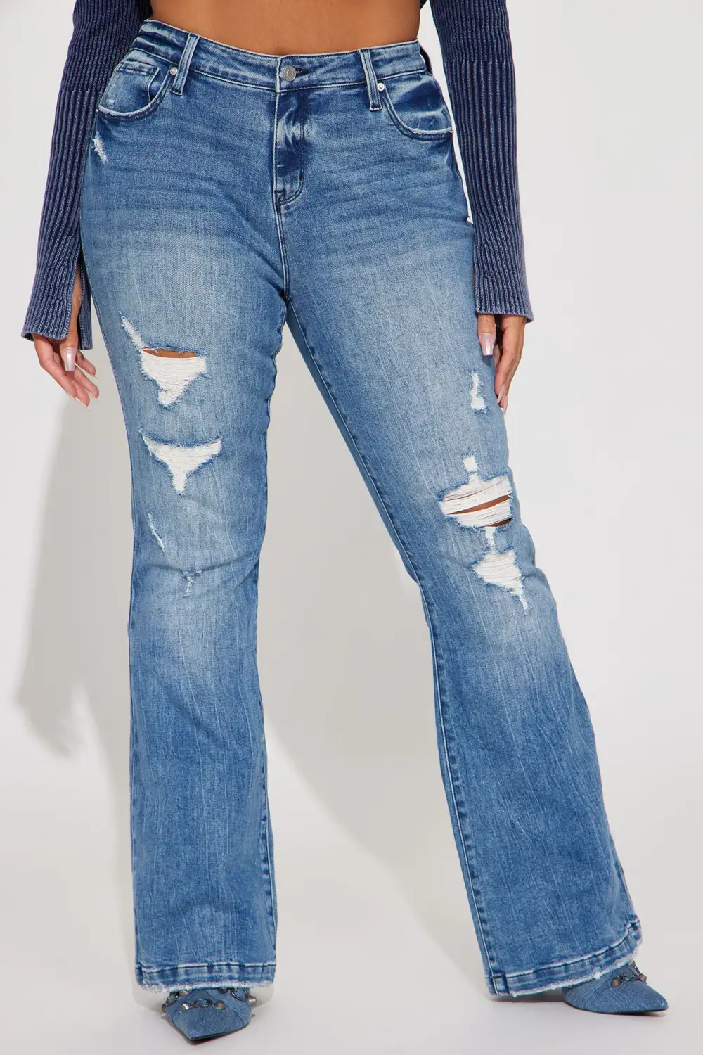 Marley Ripped Compression Flare Jeans - Medium Wash-Aldronix