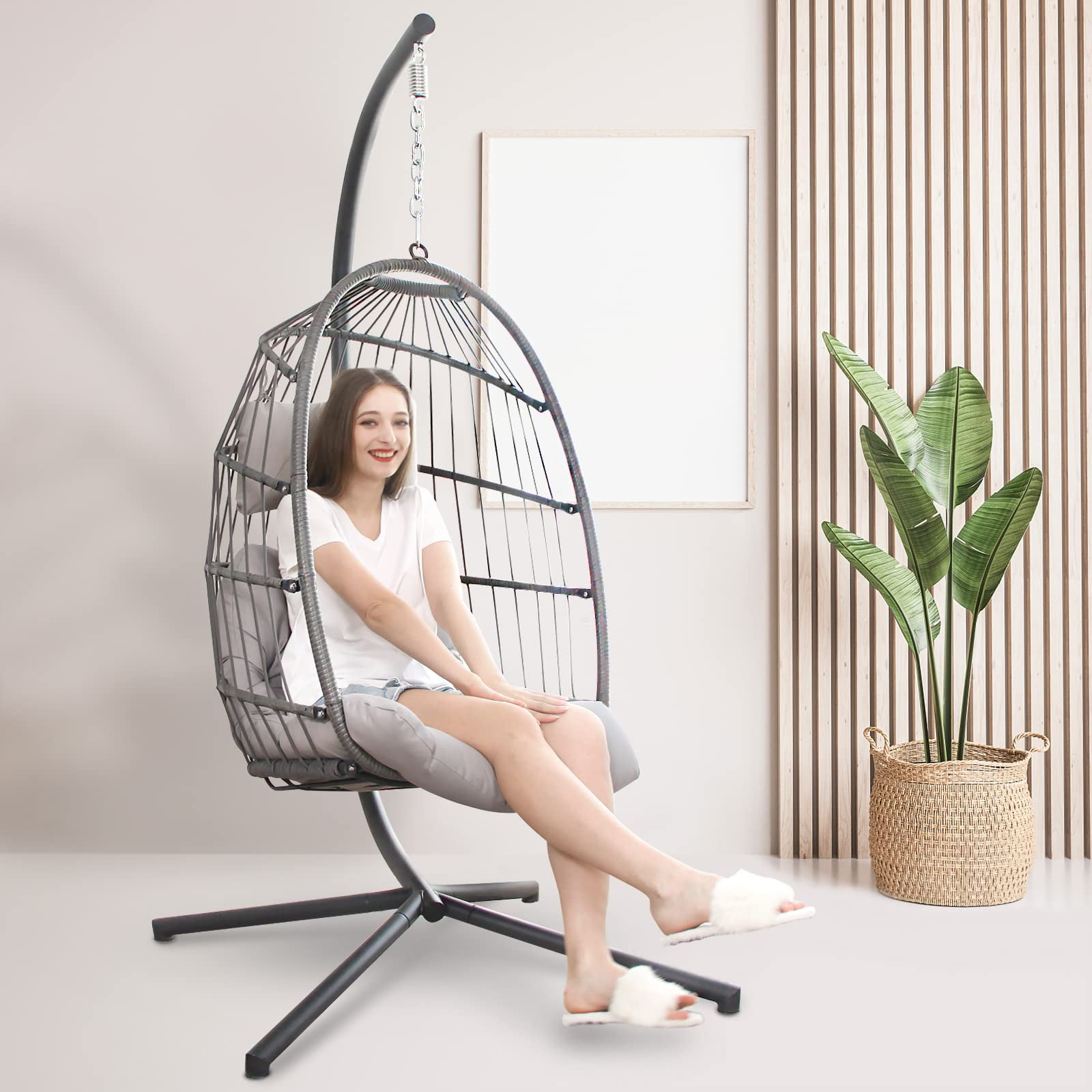 Swing Egg Chair Hanging Chair With Stand Grey Color 350 lbs Maximum Weight Foldable-Aldronix