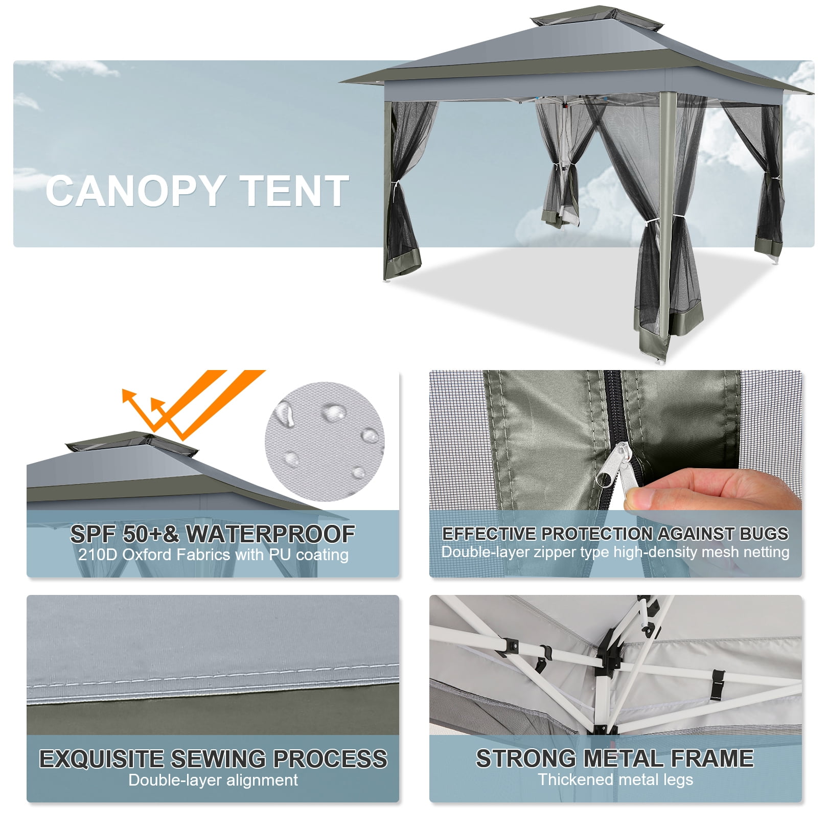 11x11 Pop up Gazebo Outdoor Canopy Gazebo Patio Gazebo with Mosquito Netting Canopy Shelter with 121 Square feet of Shade for Poolside, Garden, Party and Backyard, Khaki-Aldronix