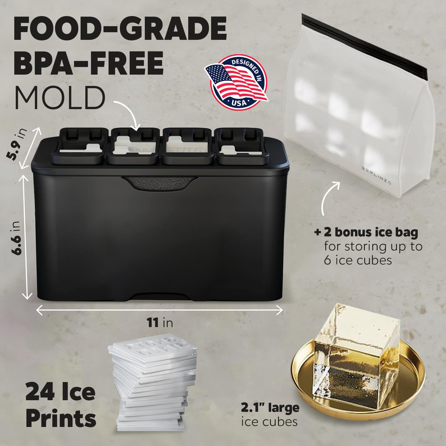 Prokonk Premium Clear Ice Cube Maker Mold - 4 Large 2.1-inch Crystal Clear Ice Squares for Whiskey & Cocktails - Easy-to-Remove Ice Cube Mold - Storage Bag & Silicone Inserts Included (Non-Electric)-Aldronix