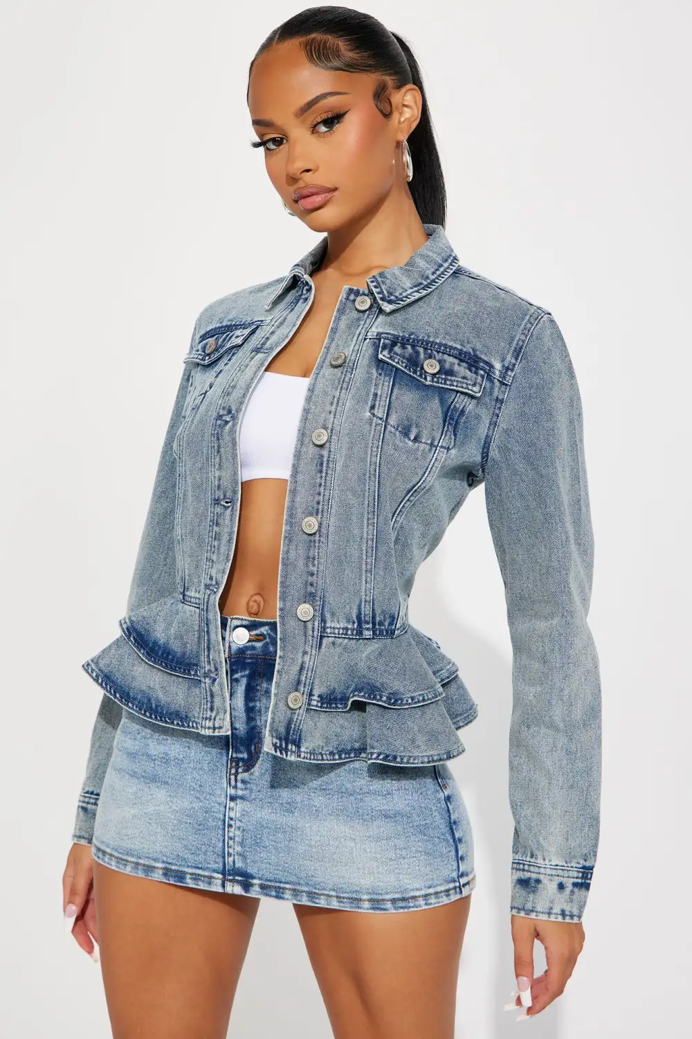 Sweetheart Peplum Denim Jacket - Medium Wash-Aldronix