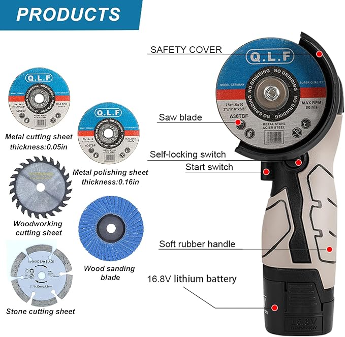 Cordless Brush Angle Grinder Kit, 19500rpm Mini Electric Angle Grinding Tool with 2pcs 16.8V 2000mAh Batteries and 5-Cutting Discs, Grinder Handheld Cutter for Metal Wood-Aldronix