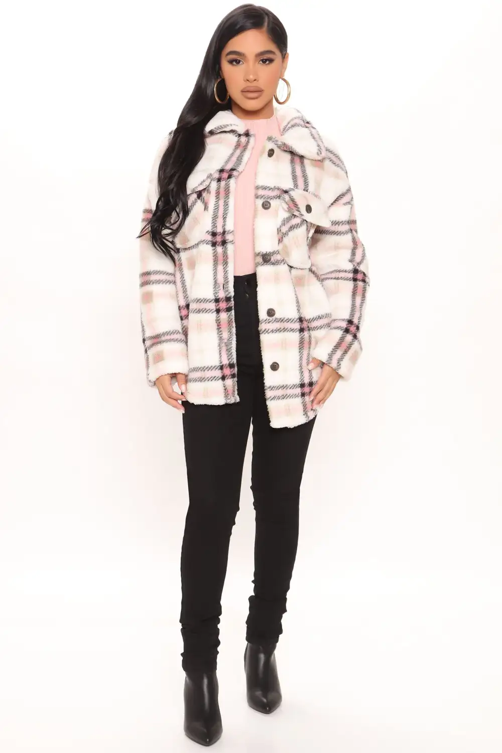 Shirt Jacket Sherpa Shacket - Pink/combo-Aldronix
